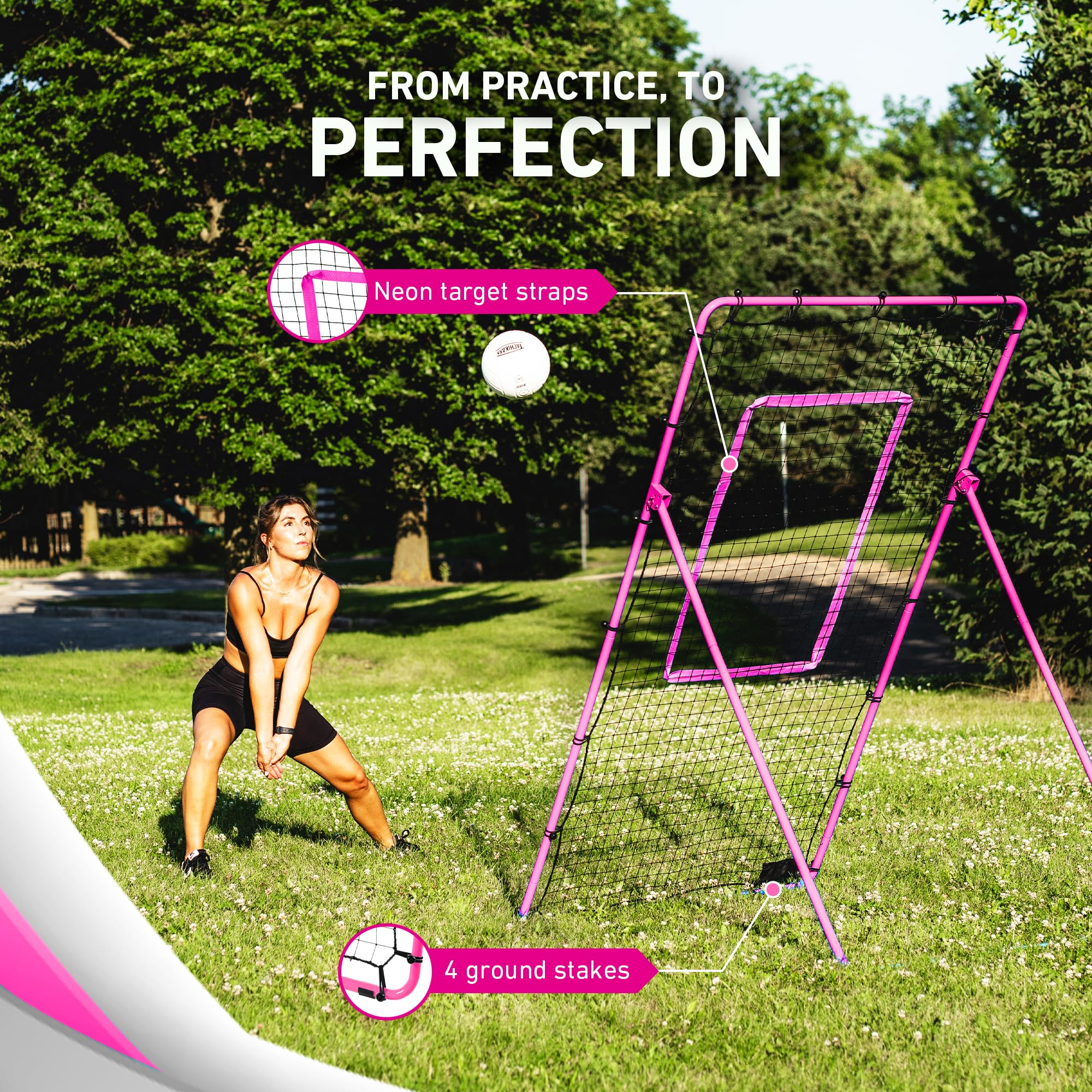 Volleyball Rebounder Pink, 7x4 ft Adjustable Volleyball Rebounder Net, Bounce Back Training Equipment, Net for Single Player, Durable & Portable with Travel Bag
