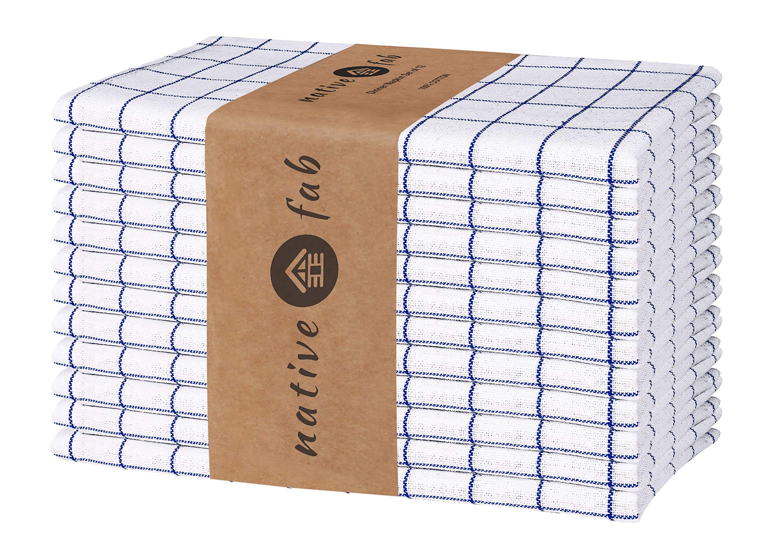 Native Fab Set of 12 Cloth Napkins Cotton Washable 44x44 cm Durable Hotel Quality for Wedding Events Party Everyday Use, Absorbent Soft Comfortable Cloth Dinner Napkins Blue White
