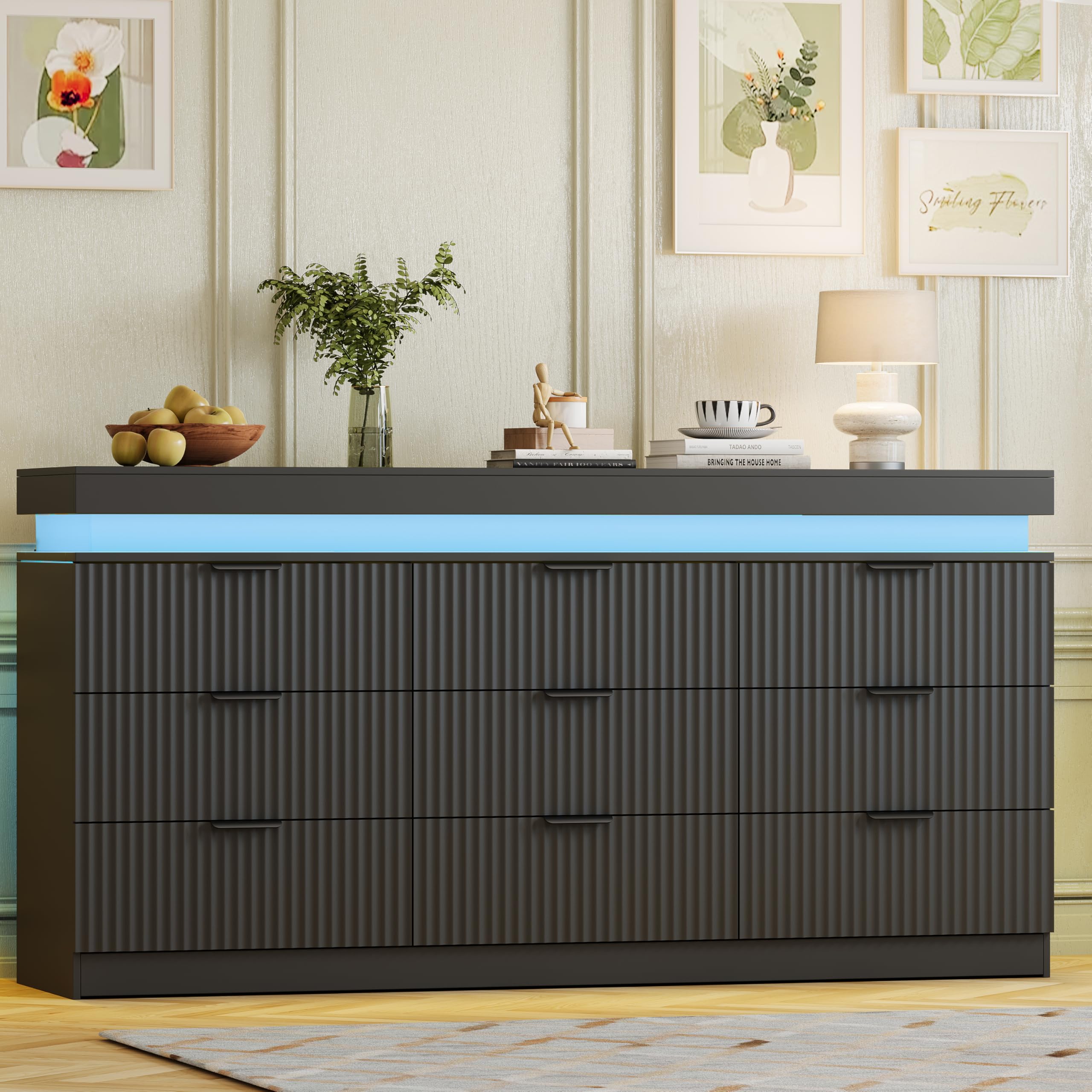Fluted 9 Drawer Dresser with LED Lights &amp; Charging Station, Black