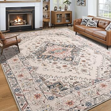 Noahas Vintage Area Rug for Living Room, 7x10 Feet, Machine Washable Rug Non Slip Low Pile Large Rug for Living Room, Bedroom, Farmhouse, Dining Room, Beige