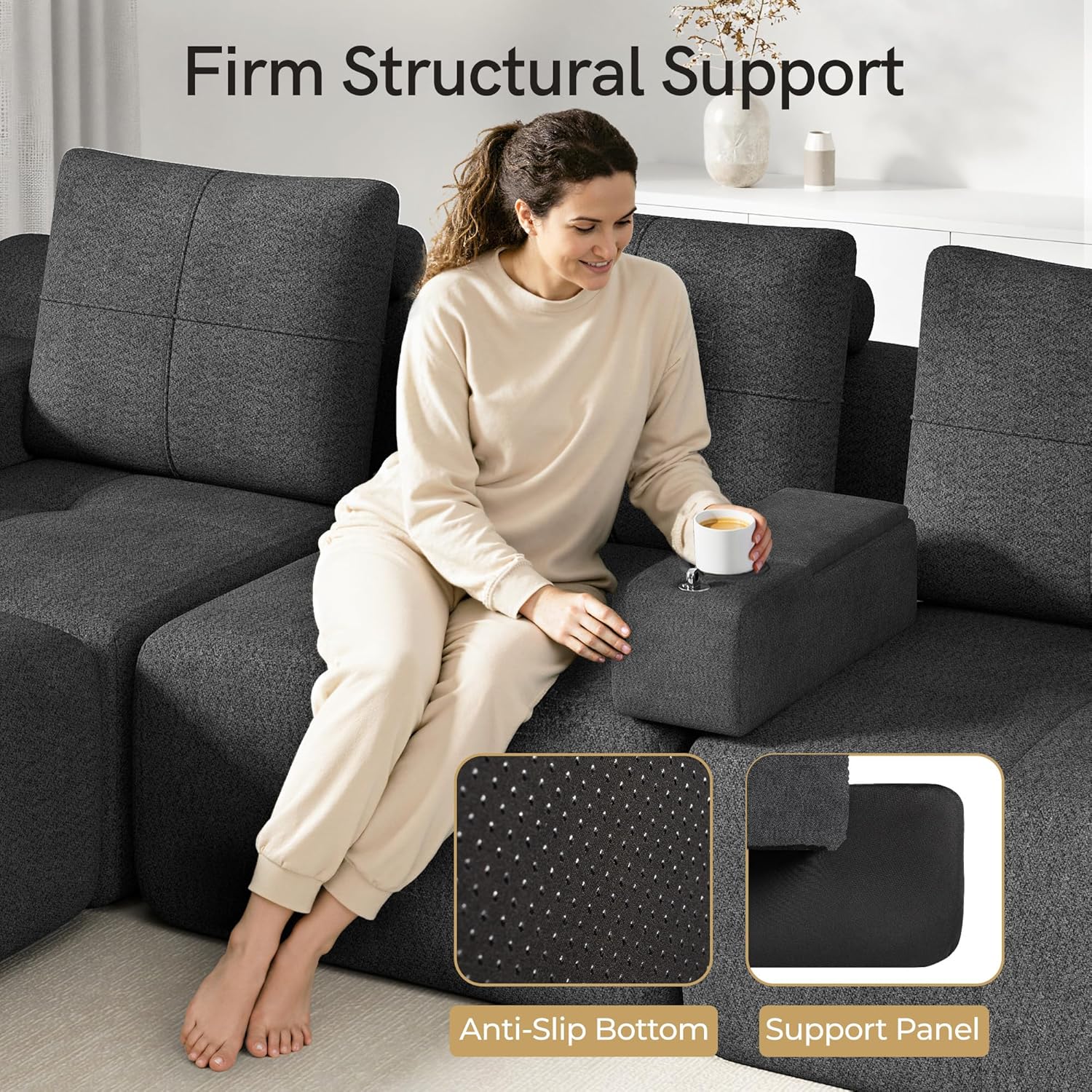 Multifunctional Couch Caddy Sofa Armrest with Couch Cup Holder, Charging Console, Phone Holder, Storage 20.3'' Removable Dark Grey Chenille Sofa Arm Rest Caddy Organizer for Sofas Couches