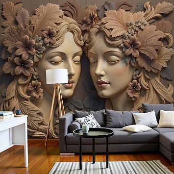 3D Effect Photo Wallpaper Vintage Female Wood Carving Panoramic Wall Tapestry 3D Relief Silk Wall Murals for Office Bedroom Rental House Decoration, 200x140cm Dark Brown