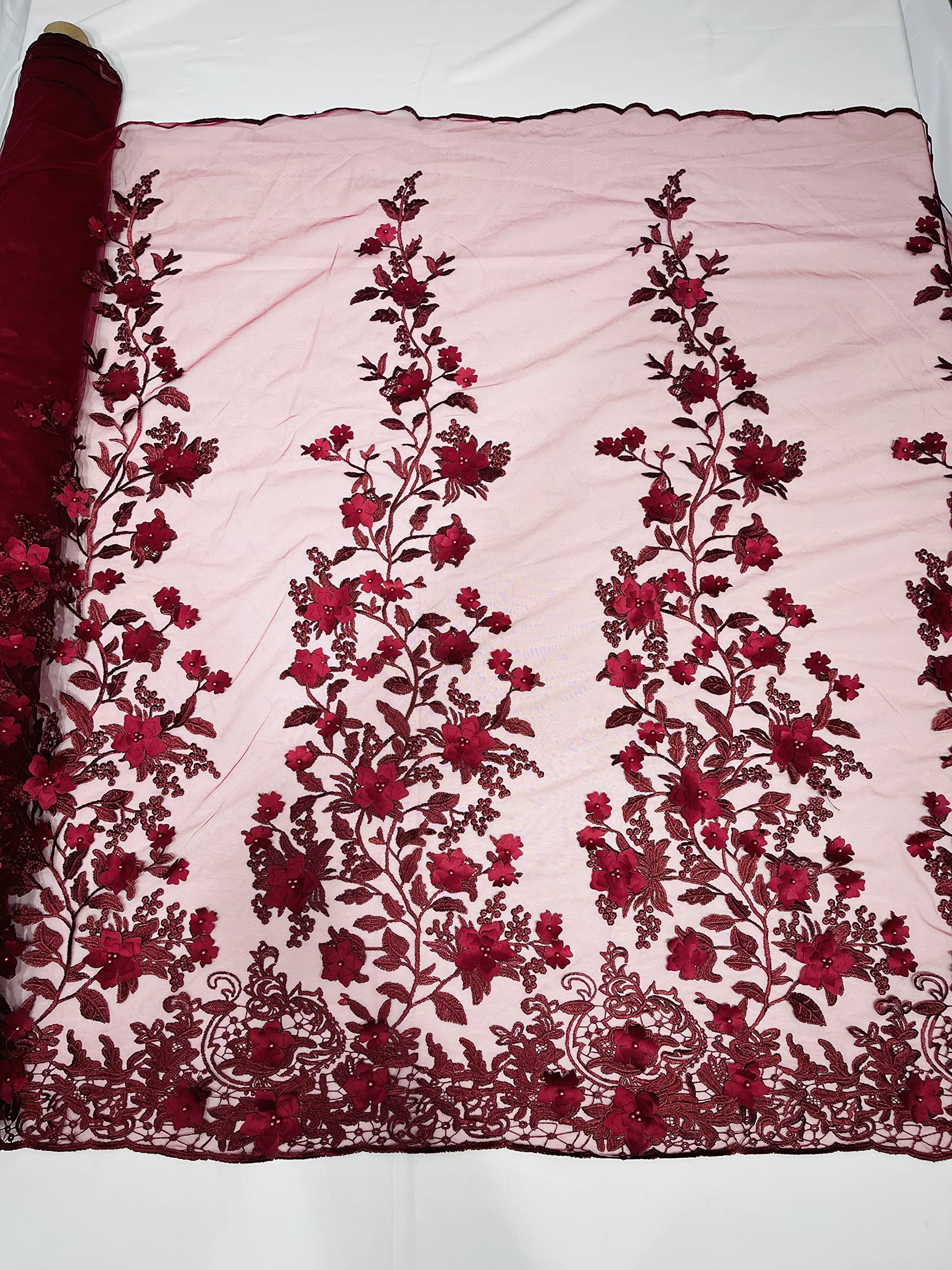 New CreationsNew Creations Fabric & Foam Inc, 52/54" Wide 3-D Floral Lace with Pearls Embroidery and Scallops On Both Ends Fabric by The Yard (Burgundy)