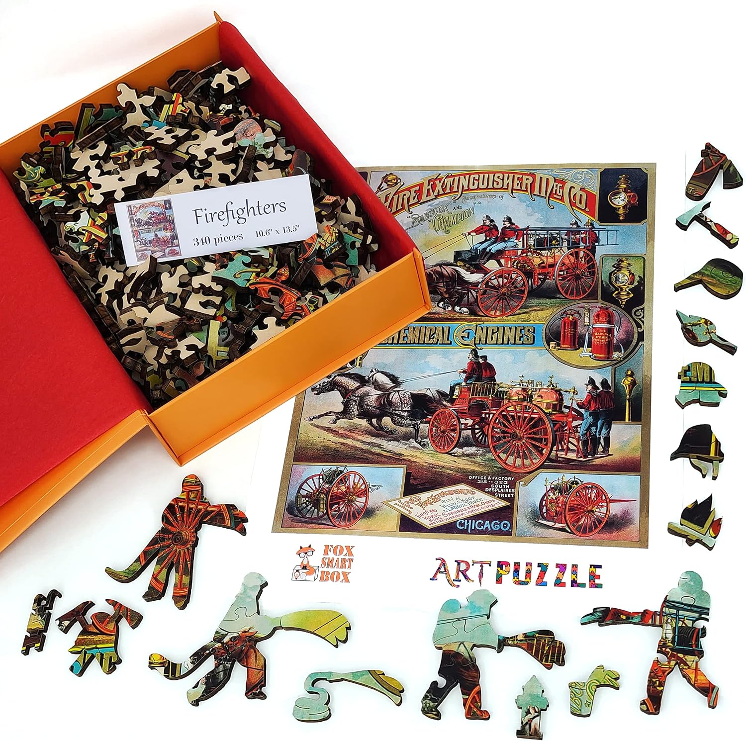 Wooden Jigsaw for Adults - Uniquely Shaped Pieces - Made in The USA by FoxSmartBox - 340 Pieces - Firefighters