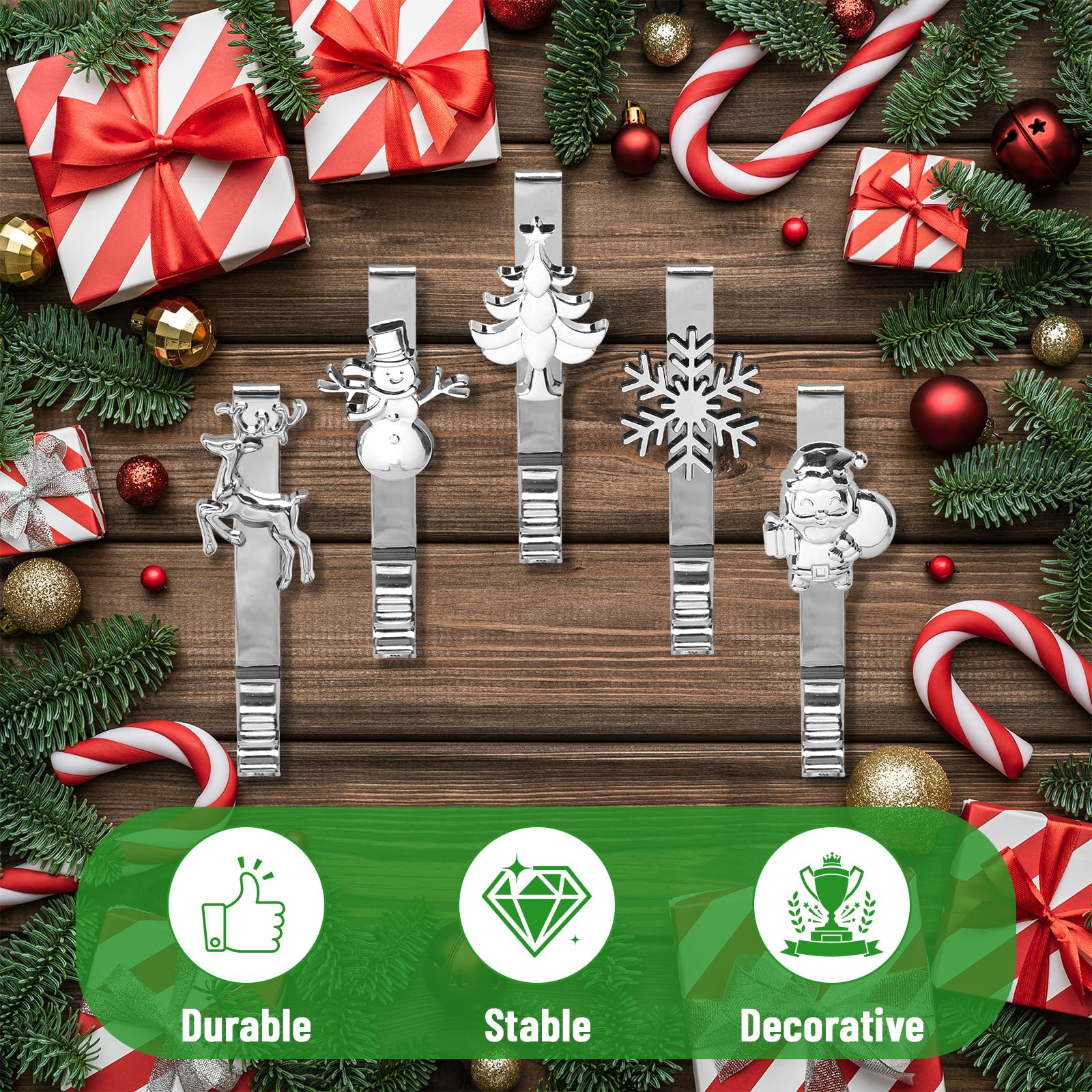 5 Pezzi Portacalze di Natale per Camino – Ganci di Metallo Antiscivolo con Fiocco di Neve Renna Pupazzo di Neve Babbo Natale Albero – Supporti Robusti per Calze Natalizie e Decorazioni Festive