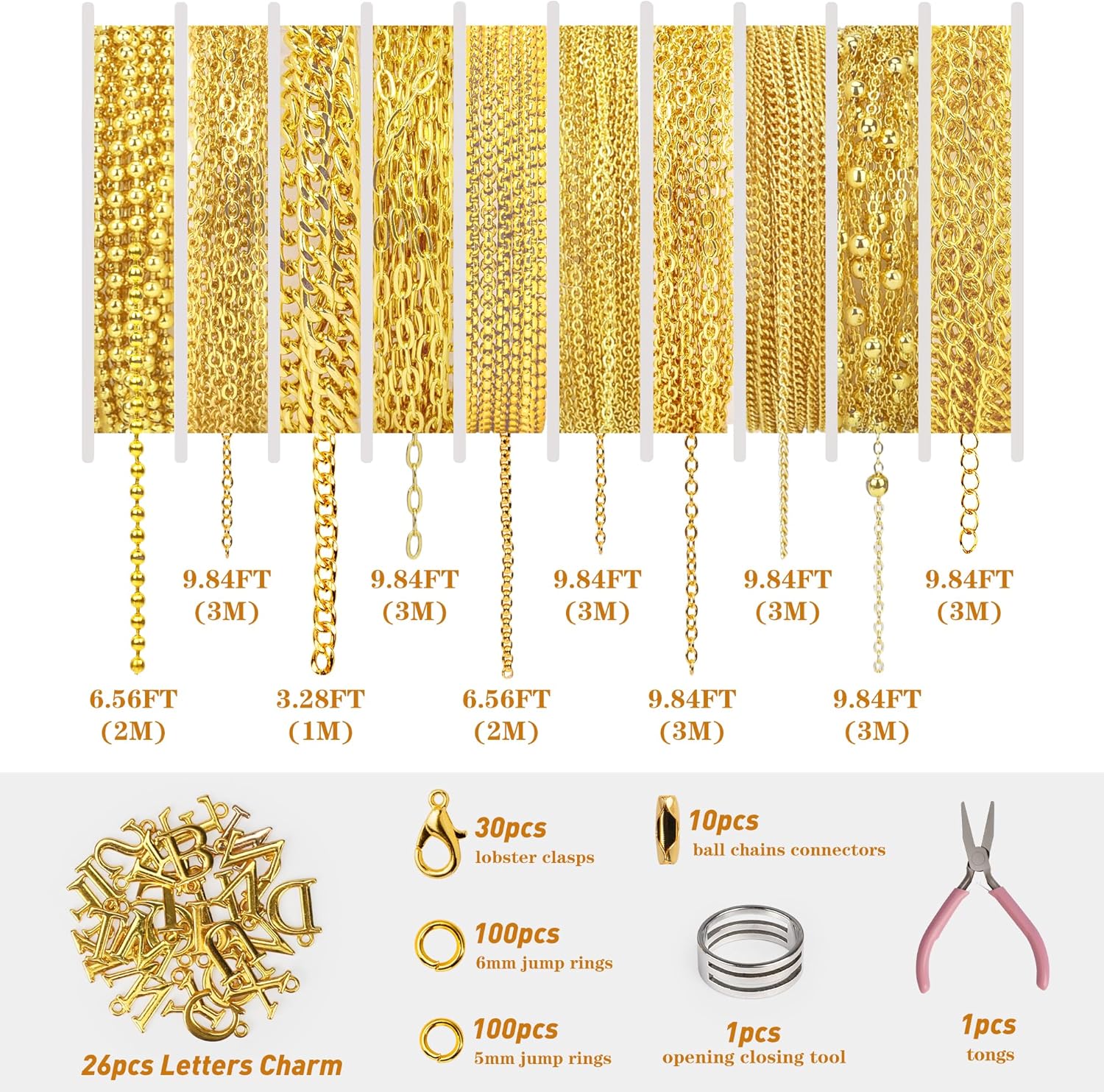 18K Gold Necklace Chains for Jewelry Making 10 Rolls Permanent Bracelet Kit Chains Bulk for DIY Bracelet Necklace Jewelry Making with 26 Letters Charm Jump Rings and Connectors Lobster Clasp Adult - Image 2
