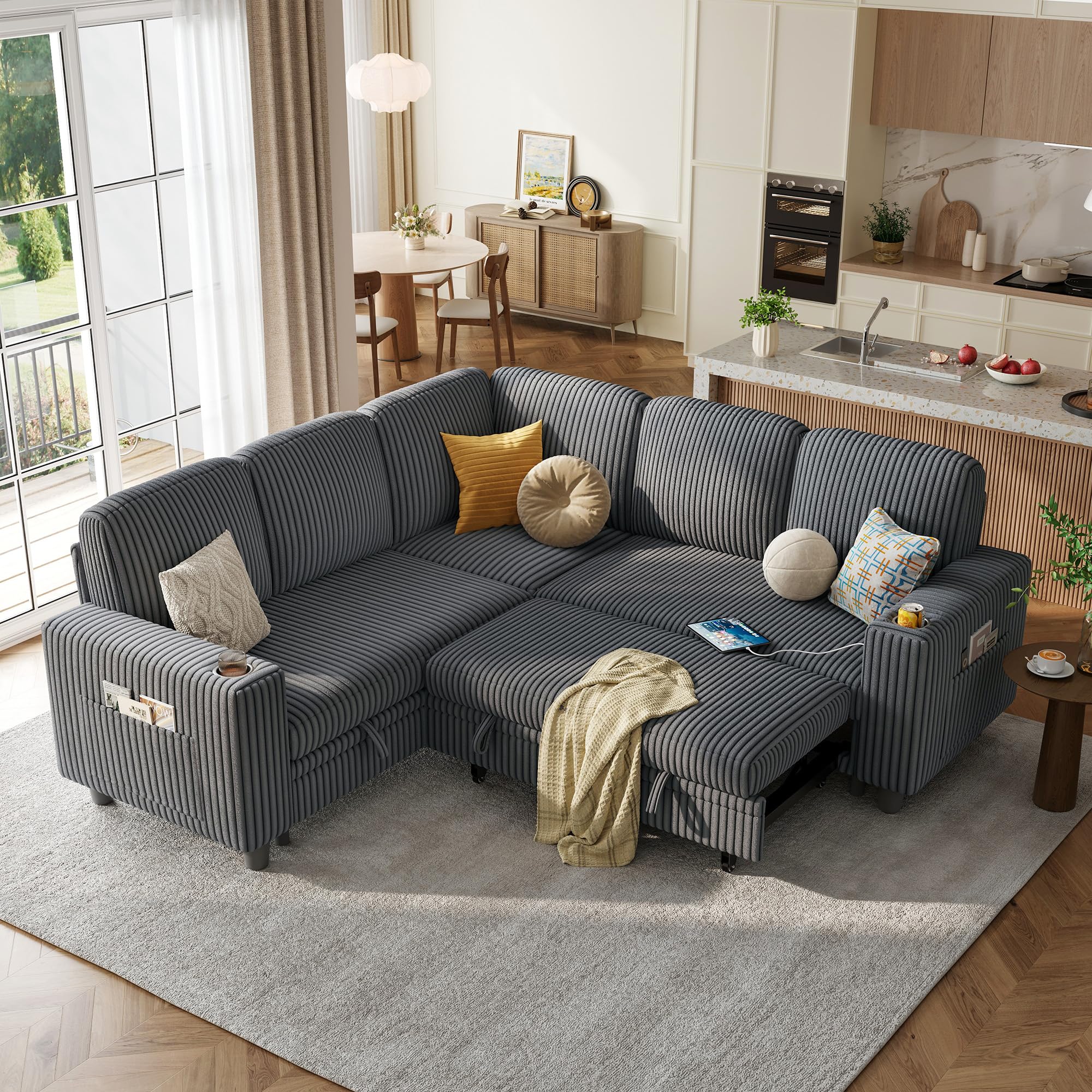LINSY HOME Sectional Sleeper Sofa with Pull Out Couch Bed - Convertible Plush Corduroy Cloud Couch with Storage Chaise & USB Charging, Comfy L Shaped Modular Couches for Living Room Apartment (Grey)