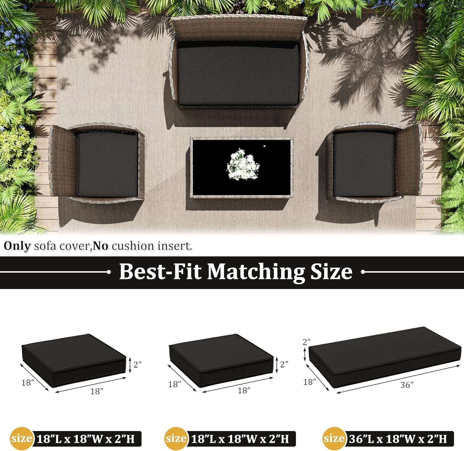 3 Pack Outdoor Patio Furniture Cushion Replacement Covers, Waterproof Loveseat Cushion Covers - 36×18×2,18×18×2, for 4-Seater Wicker Rattan Patio Conversation Set Loveseat Couch Furniture, Cover Only