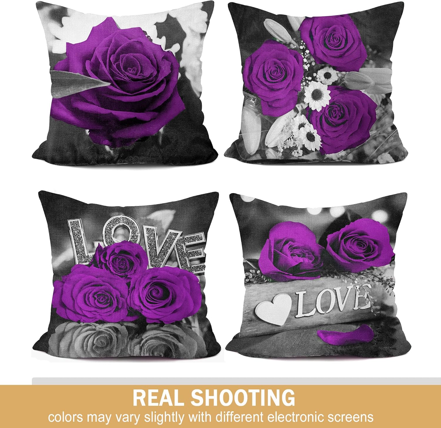 Purple Flower Pillow Cover 18x18 Rose Decorative Throw for Couch, Bed, Living Room, Outdoor - Gray Floral Linen Spring Summer Cases