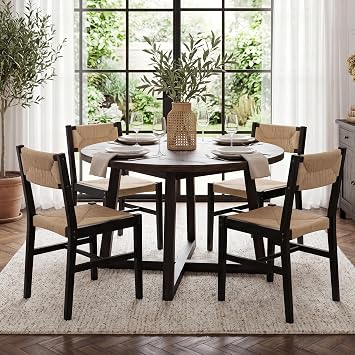 HNY Mid Century Modern Rattan Dining Chairs Set of 4, Black Beechwood Frame