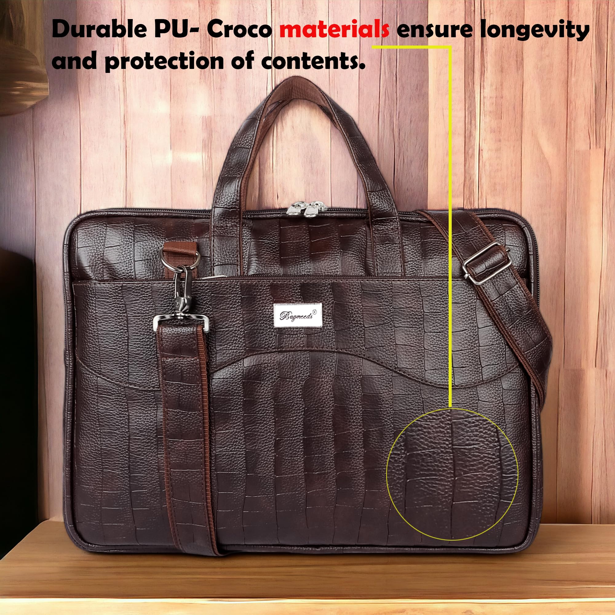 Bagneeds Laptop Messenger Bag for Men & Women, Premium Crocodile Texture Laptop Sleeve Office Briefcase with Shoulder Strap, Business Travel Handbag Lightweight Computer Carry Case Brown 3