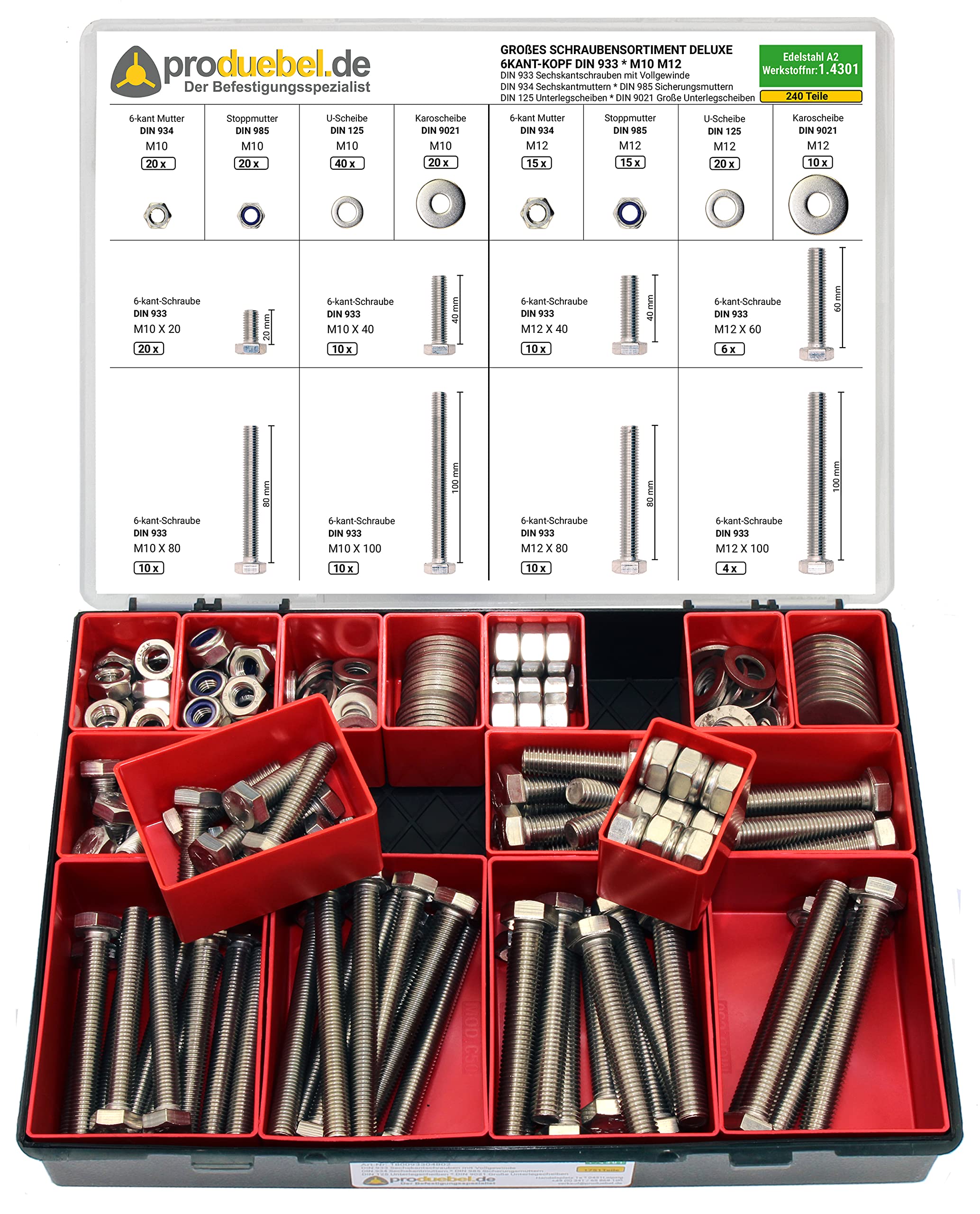 Großes Schrauben-Sortiment DIN 933 M10/M12 Edelstahl A2 V2A (DIN933+934+985+125+9021) 240-tlg (Deluxe-Box)