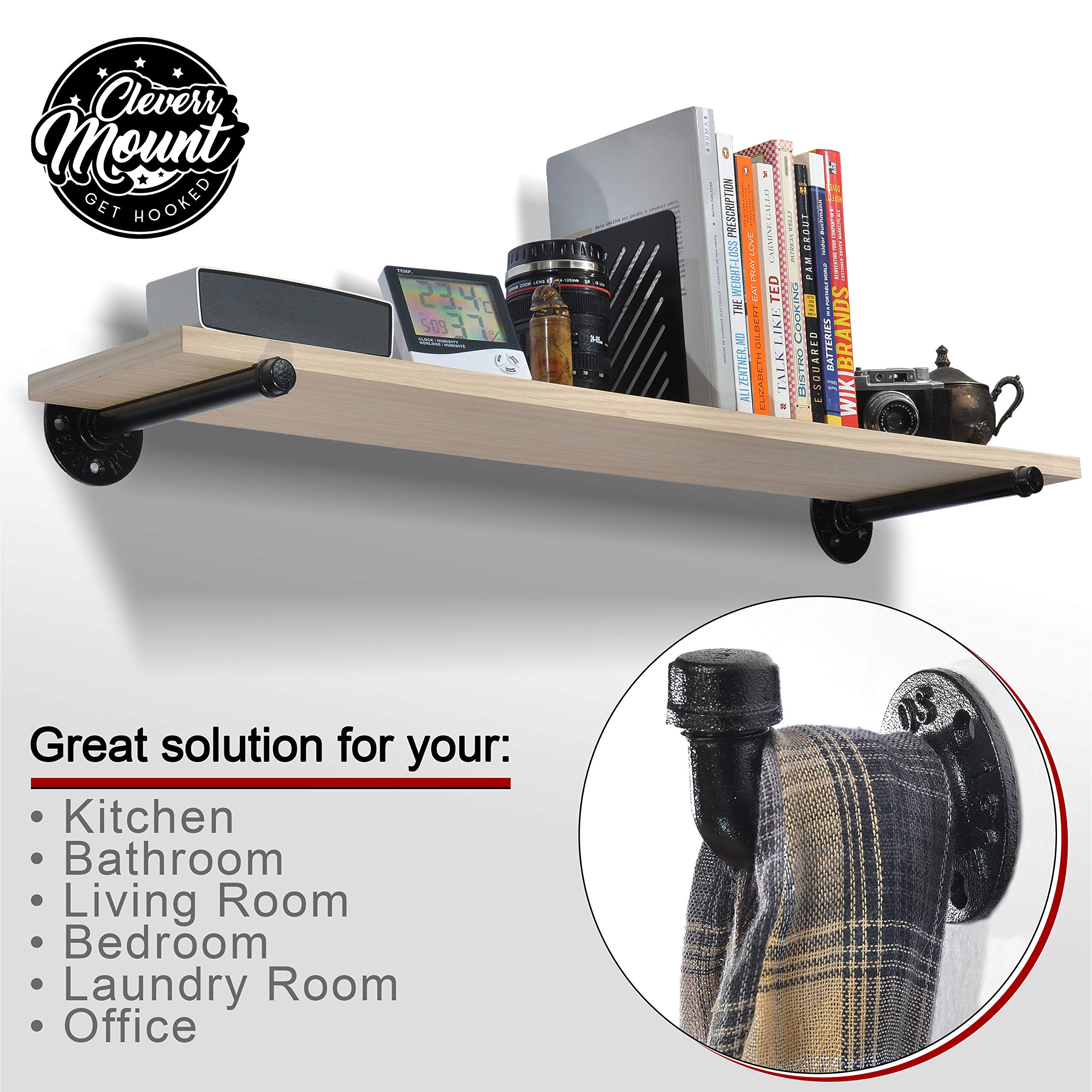 Set of 6 Black Iron Pipe Floating Shelf Bracket 8 Inch (Bonus 2 Hooks