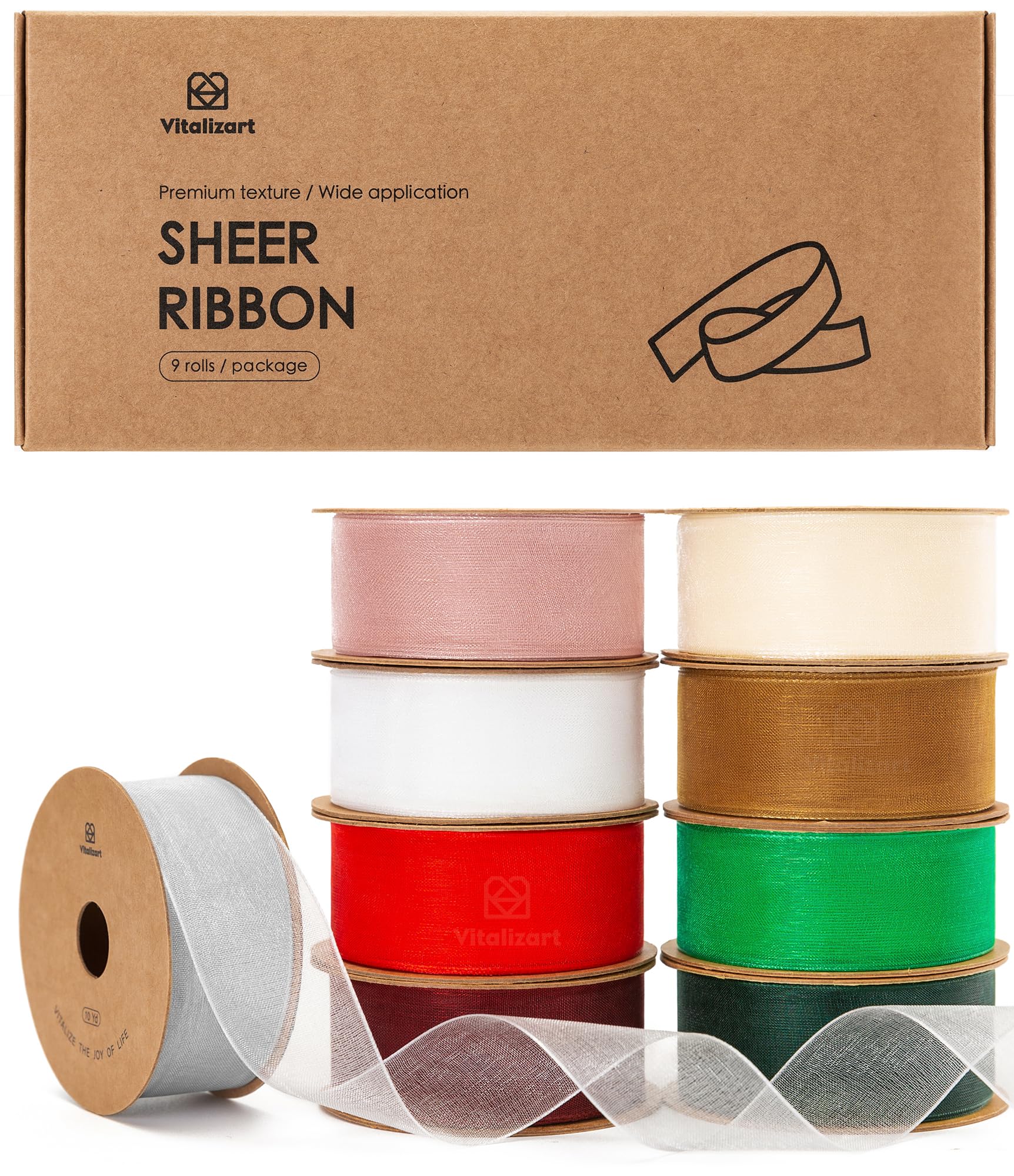 Vitalizart Christmas Organza Ribbon 1" x 90Yd Mixed Color Sheer Ribbons Set 10 Yd x 9 Rolls Handmade for Gift Wrapping Christmas Tree Crafts Bows Wedding Invitations Wreaths Wrap