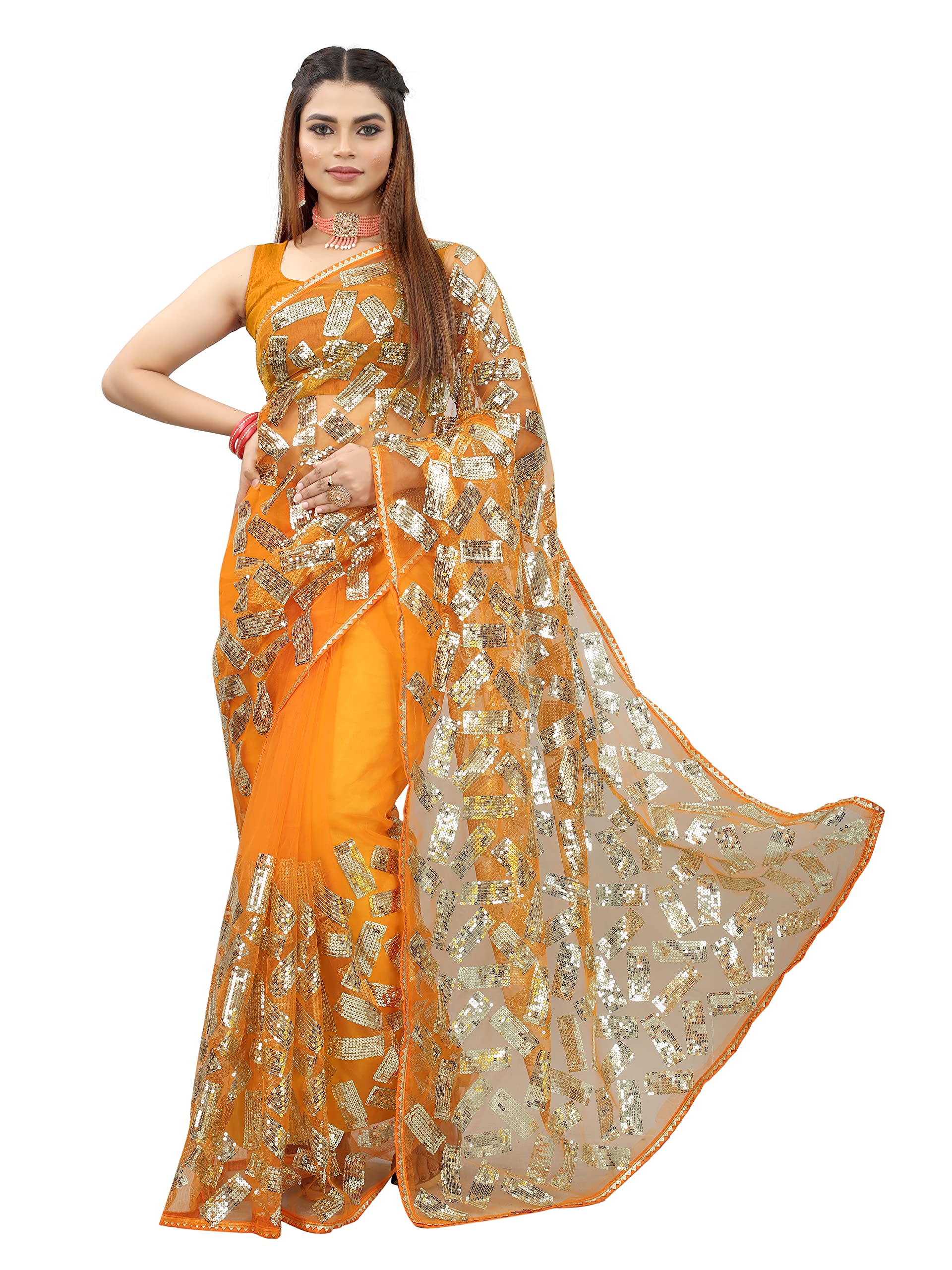 BARKIYA CREATIONWomen's Fashion Net Fabric Saree With Unstitch Blouse Piece