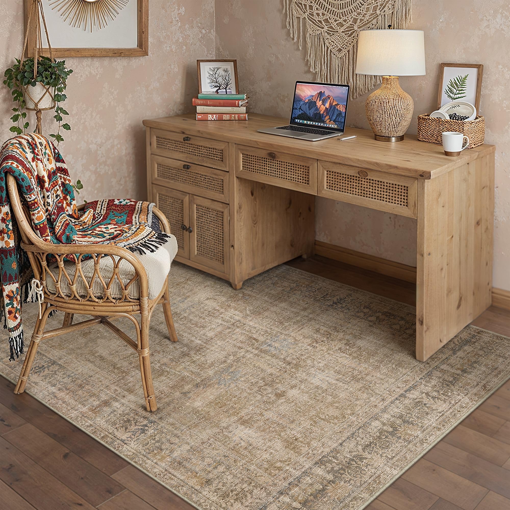 hugear retro 3x5 washable area rugs brown living room bedroom rug vintage distressed throw carpet neutral stain resistant non slip & shedding low pile for home aesthetic decor