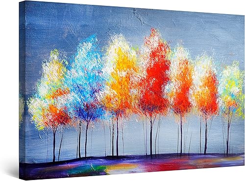 Startonight Lienzo decorativo para pared, diseño abstracto de siete árboles de colores, estampado estirado, moderno para dormitorio o sala de estar,