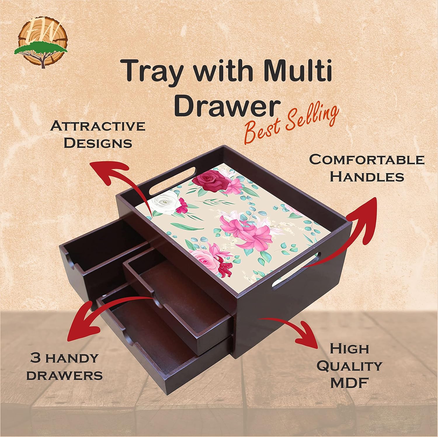Multi-Drawer Wooden Serving Tray | Elegant Tea & Breakfast Platter with Handle | Organizer for Cutlery, Napkins, Tea & More | 10x8x5 Inches (Brown)-RRF