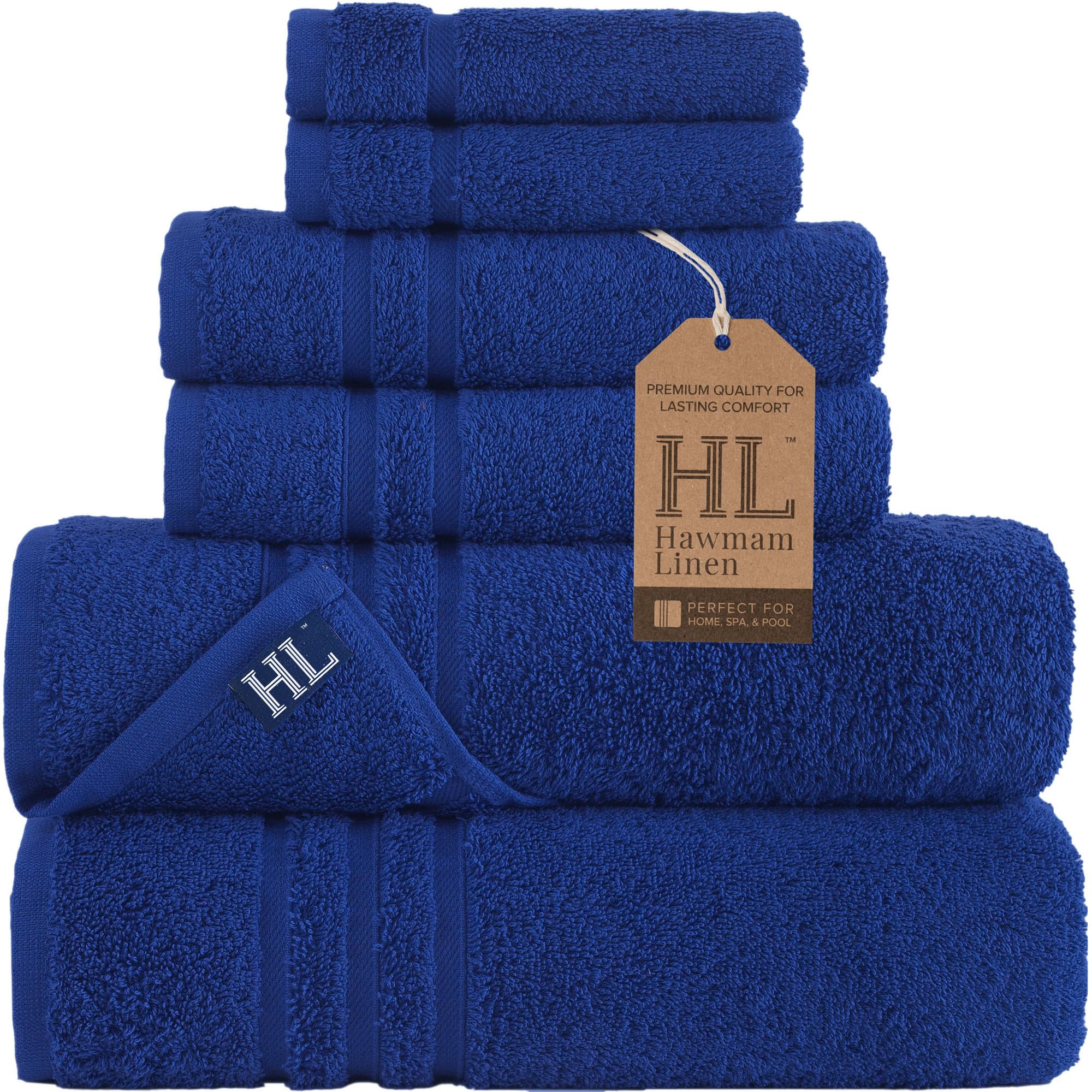 Hawmam Linen Towel Set, Turkish Cotton, 6 Pack, Royal Blue