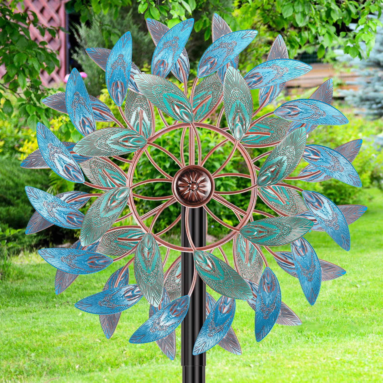 VeyFolzin.st Metal Outdoor Wind Spinner, 2-Way Wind Sculpture Spinner with Metal Stake, Waterproof 360 Degrees Kinetic Windmill Art Decoration for Patio Garden Lawn (2 Turn Vintage Feathers B)