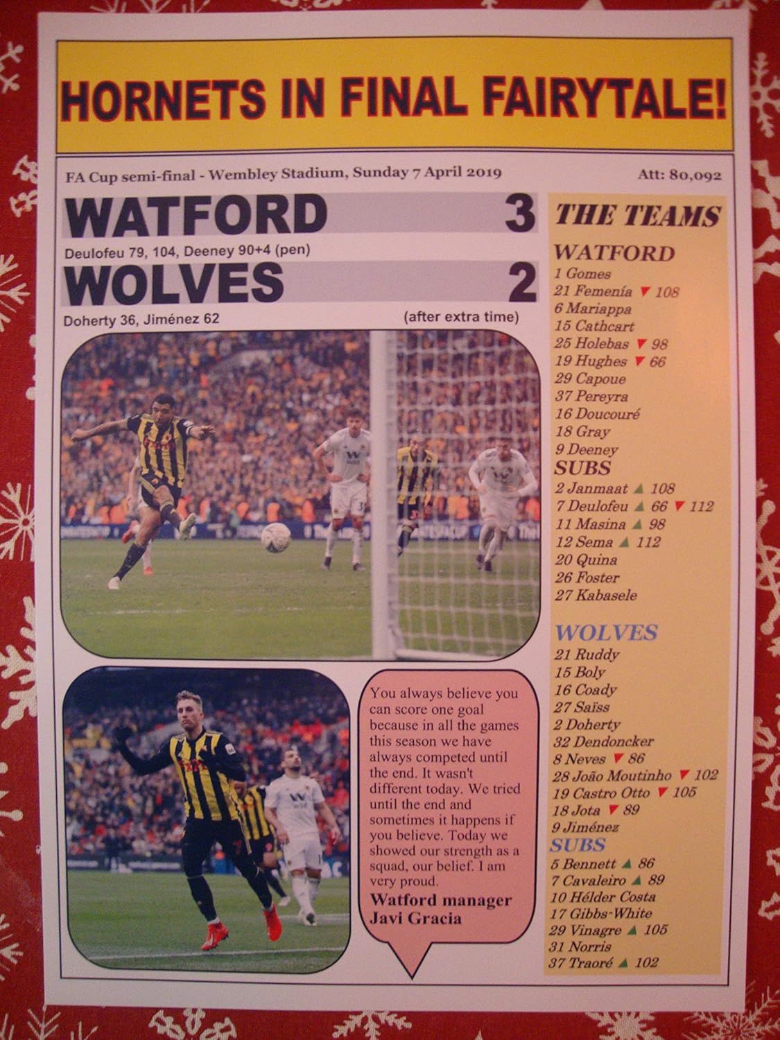 Watford 3 Wolves 2-2019 FA Cup semi-Final - Souvenir Print