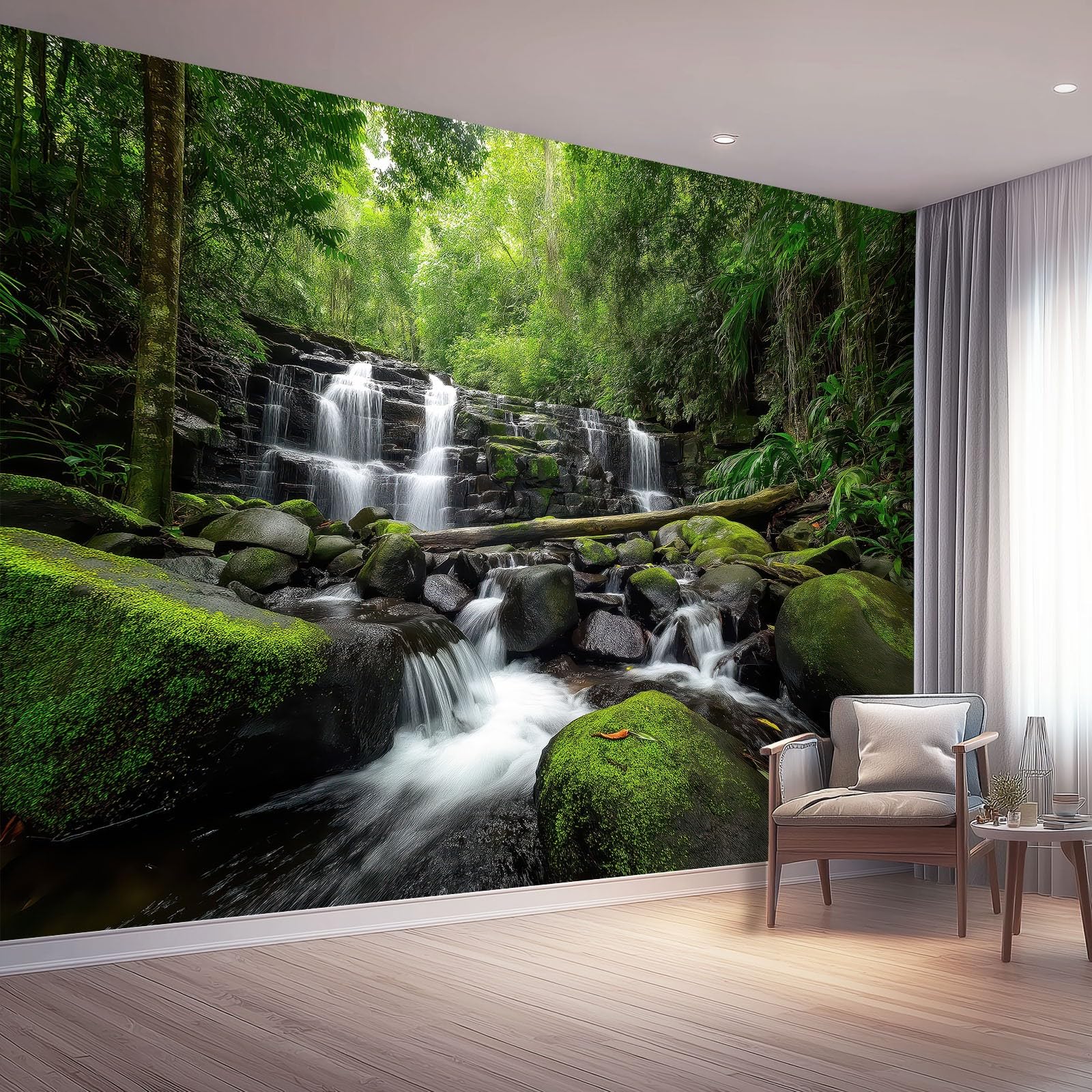 Papier peint forêt verte intissé décoration murale paysage cascade salon bureau 250x175