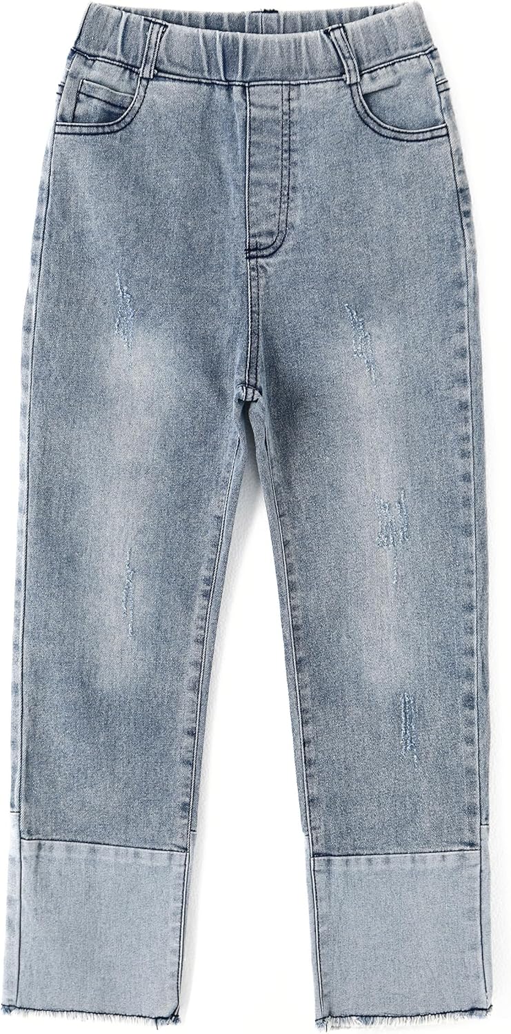 KIDSCOOL SPACE Girl Jeans,Elastic Elastic Waist Patchwok Raw Edge Denim Pants
