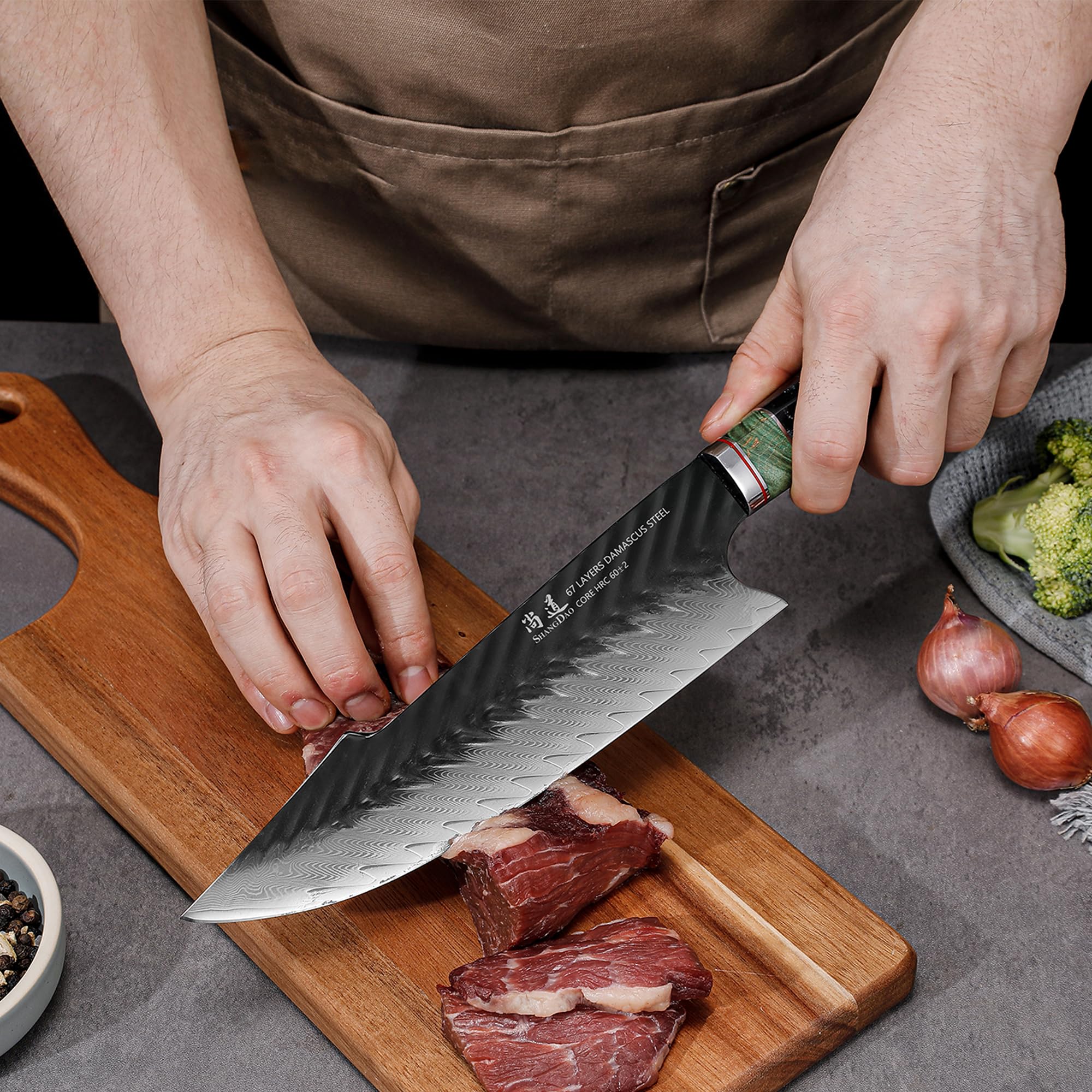 SHANGDAO Damascus Chef Knife 8 Inch,67 Layers Alloy Steel Professional Kitchen Knives with Leather Sheath, Hand Forged Resin & Wood Handle QILIN Series — Amazon image 7