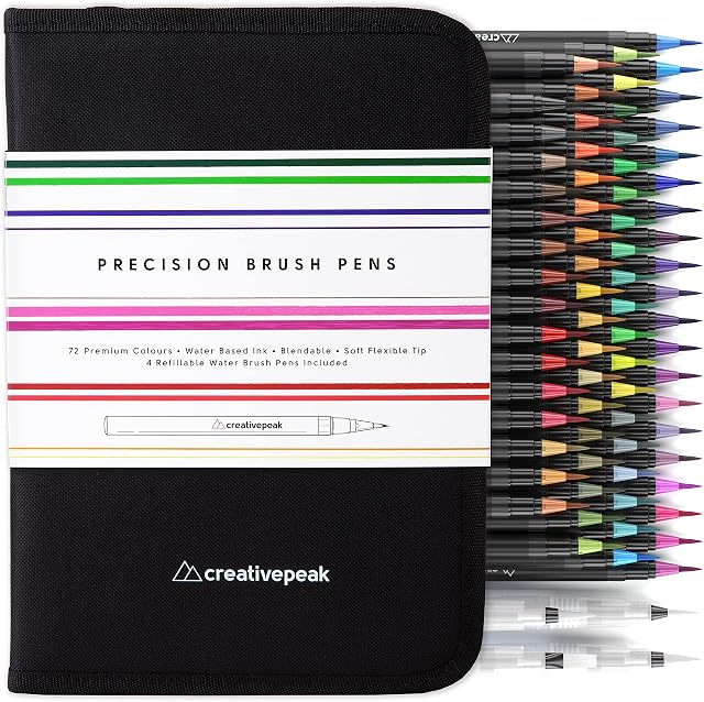 Creativepeak Watercolour Brush Pens - 72 Vibrant Colouring Pens & 4 Blending Brushes - Premium Quality Art Supplies, Soft Tip & Fabric Case - Perfect for Calligraphy, Lettering, Adult Colouring