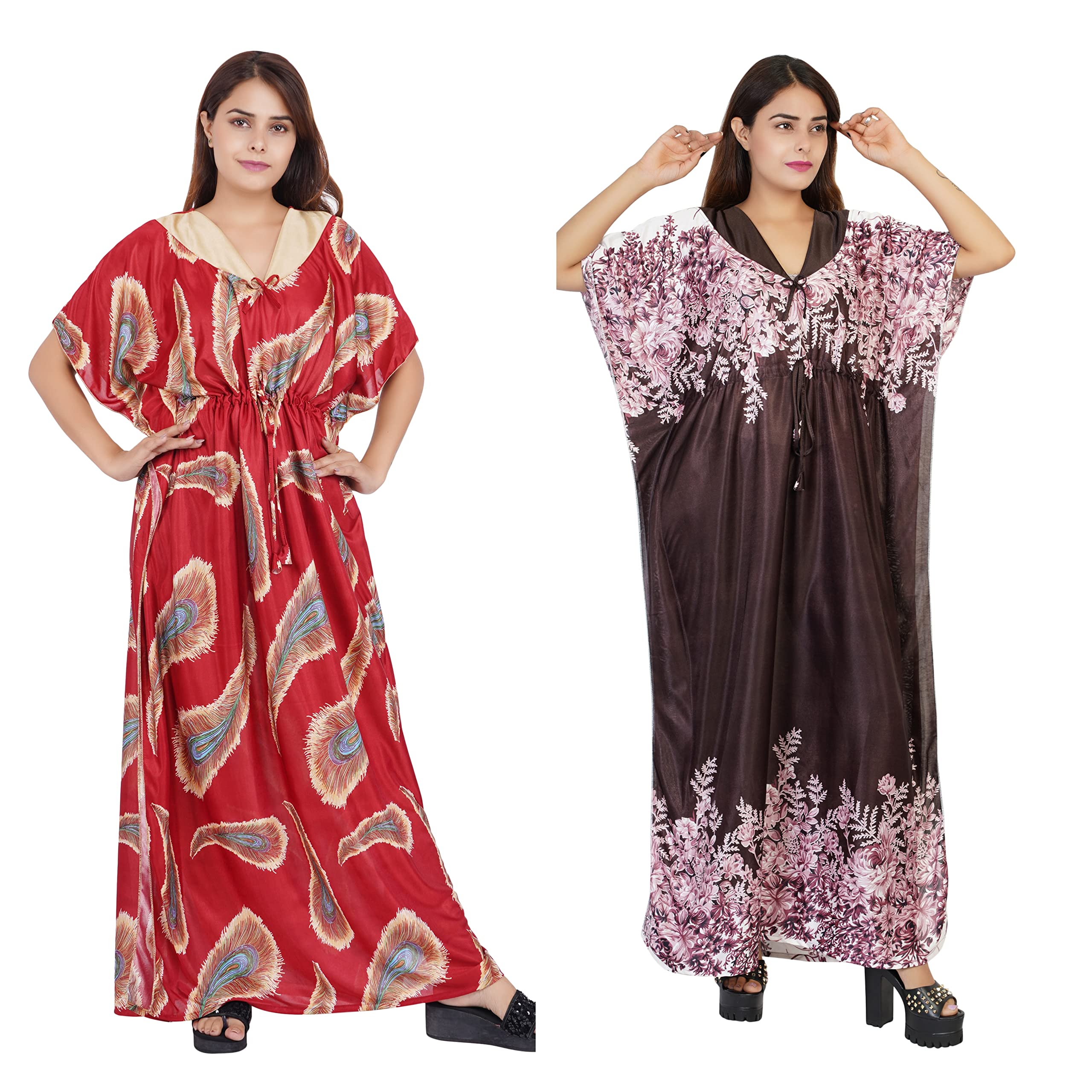 Beauty World Floral V Neck Designed Solid Satin Maxi/Kaftan/Nighty/Night Gown/Night Dress/Nightwear for Womens and Girls (M, Multicolored) Pack of 2