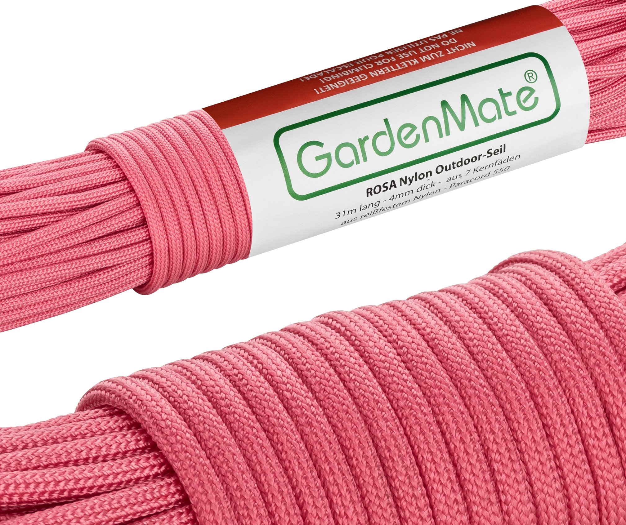 GardenMate Paracord 550 Professionelles Nylon Outdoor-Seil Rosa 31m lang 4mm dick - Kernmantel-Seil aus 7 Kernfäden aus reißfestem Nylon