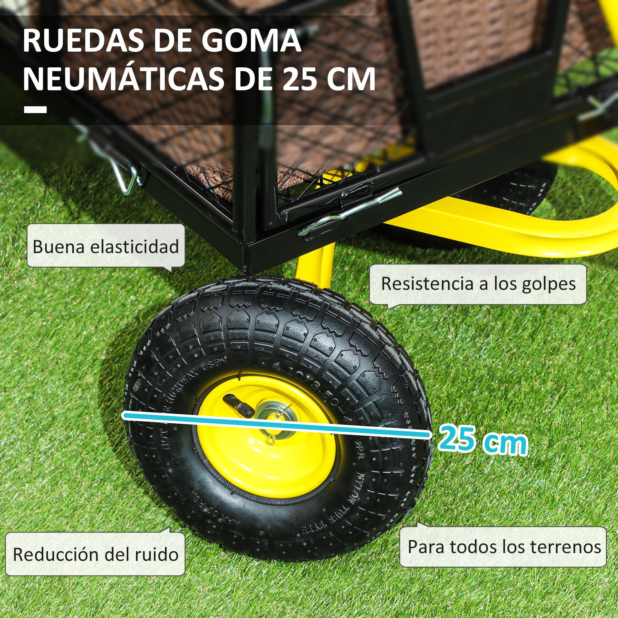 Outsunny Carro de Jardín Basculante Carga 200 kg Carro para Playa con Paneles Laterales Desmontables Mango Giratorio de 180° y 4 Ruedas Neumáticas Grandes de Goma Negro y Amarillo