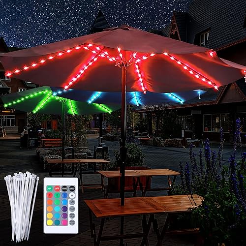 Miniatura 2 de Guirnalda de luces para sombrilla de patio con 16 colores cambiantes y 12 modos, control remoto, 104 cuentas LED ultra brillantes, impermeables,