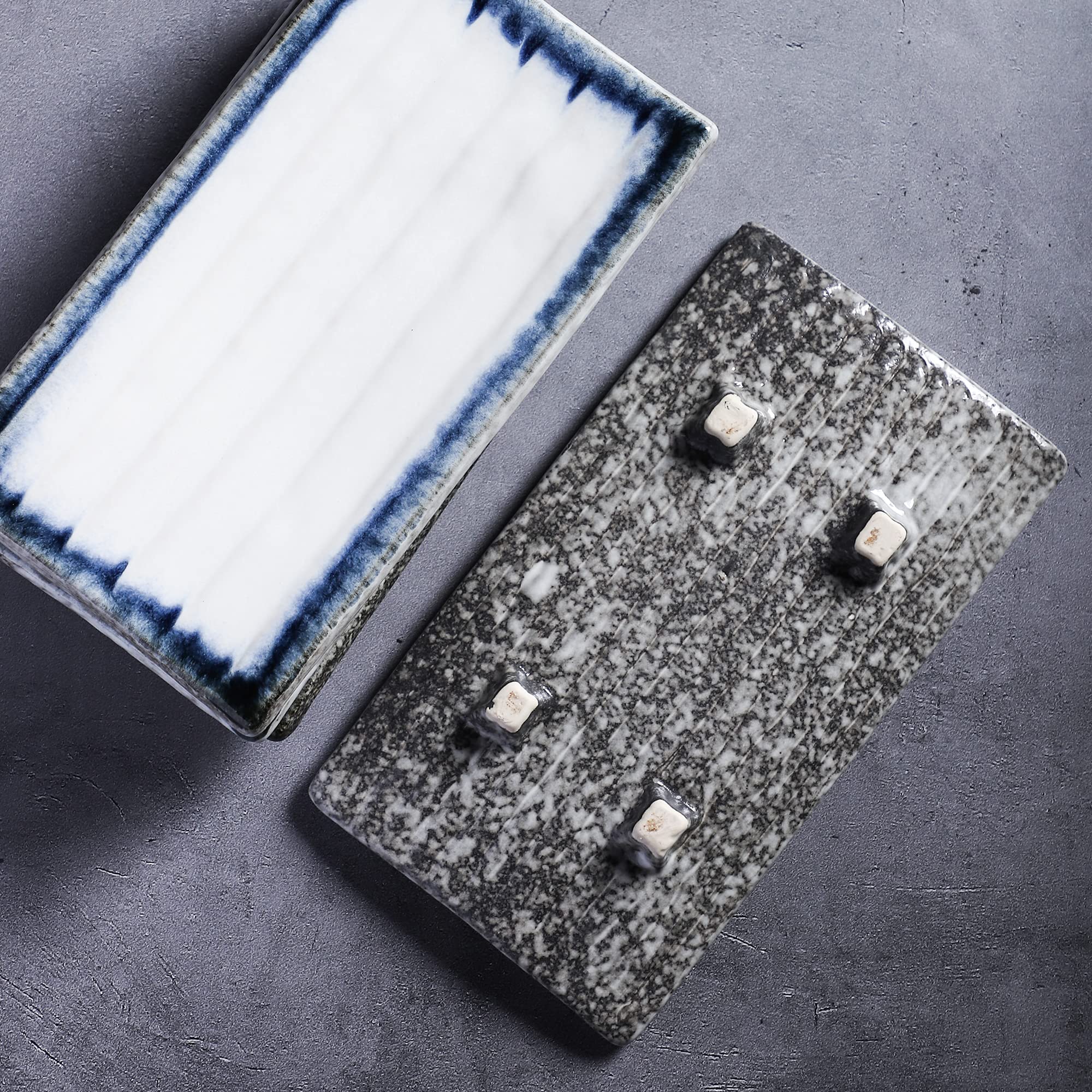 Uaral Juego de platos de sushi, platos rectangulares de cerámica, 4 unidades, plato de gres japonés para restaurante japonés y barra de sushi (azul medianoche y blanco)