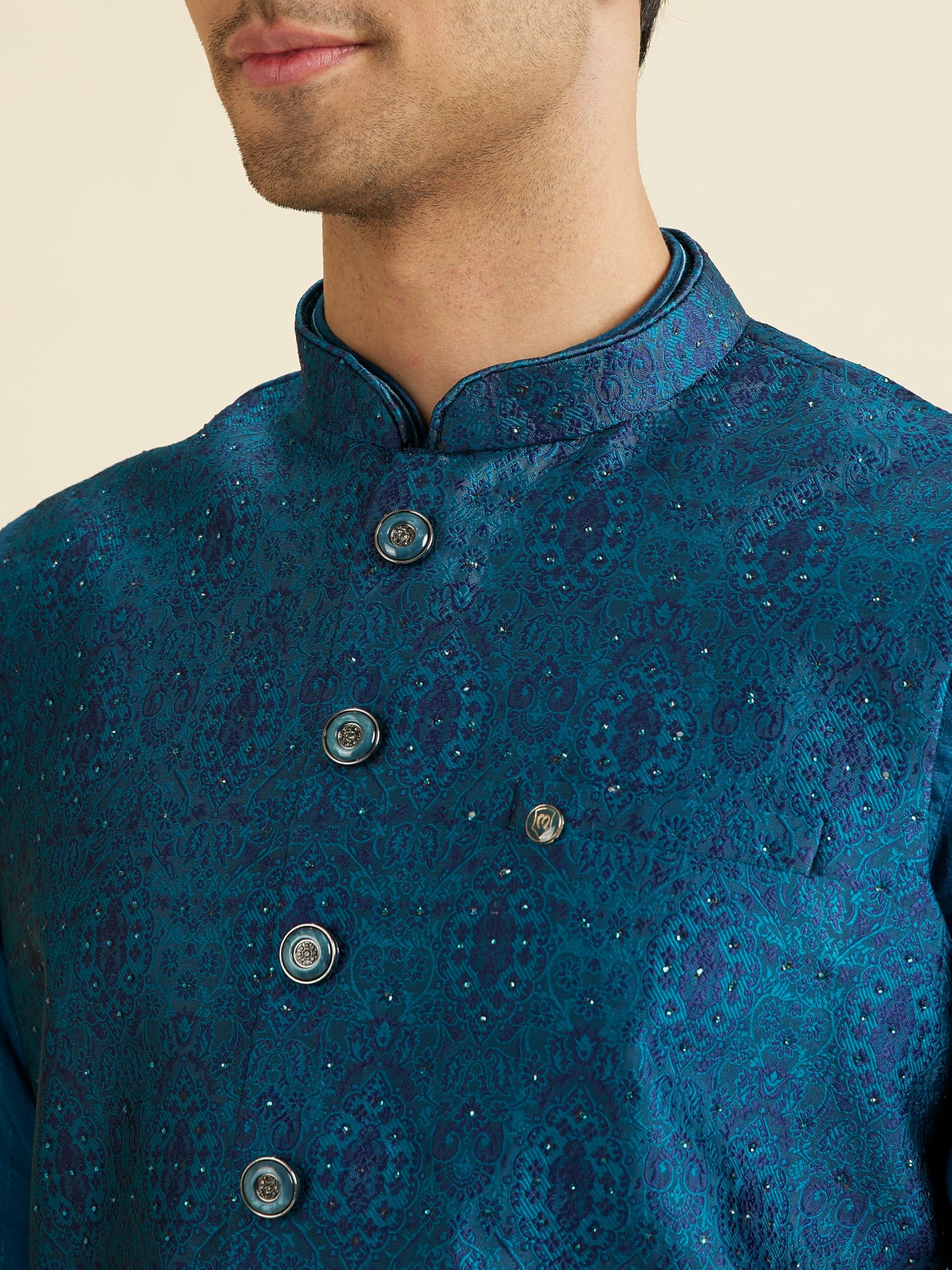 Manyavar Men's Brocade Sequinned Nehru Jacket(Teal Blue,M) 1