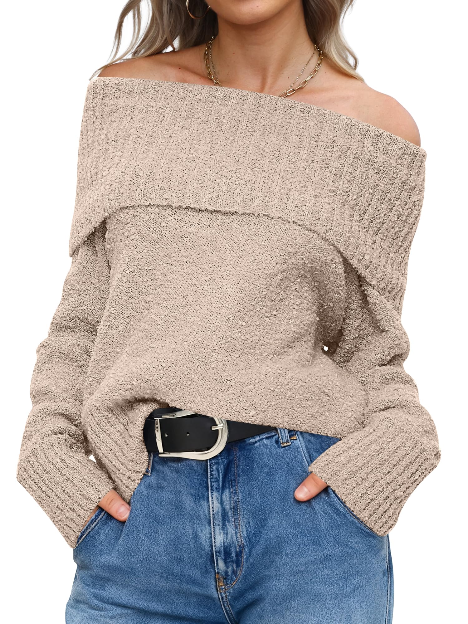 ANRABESS Off The Shoulder Sweaters for Women 2025 Fall Turtleneck Long Sleeve Fuzzy Knit Warm Casual Winter Sweater