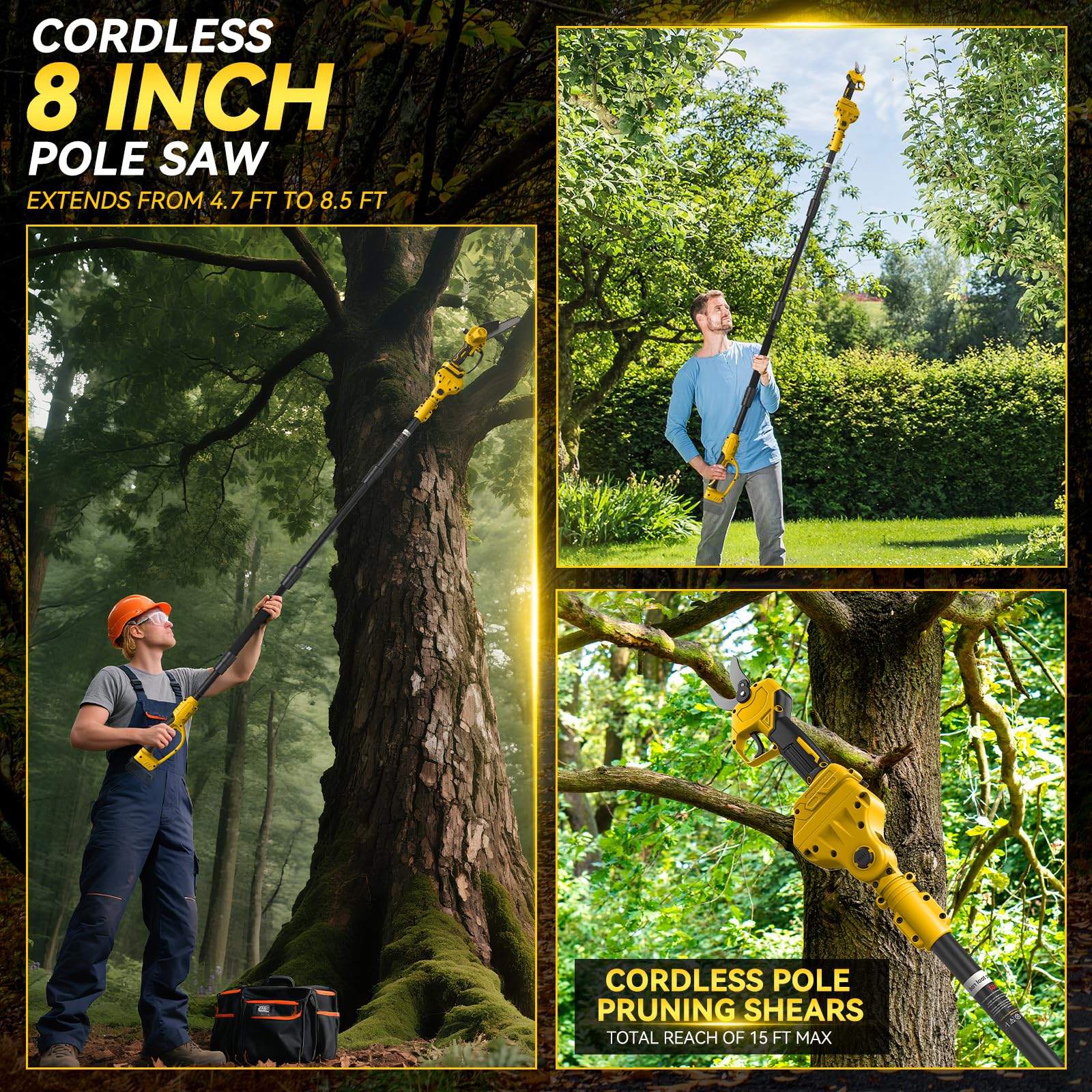 Mini Tronçonneuse 8 pouces et Sécateur électrique 30 mm Compatible avec DeWalt 20V, Generic Kit d'outils de jardinage 4 en 1, Portée 4,57 m pour élagage des arbres, Avec rallonge (Sans batterie)