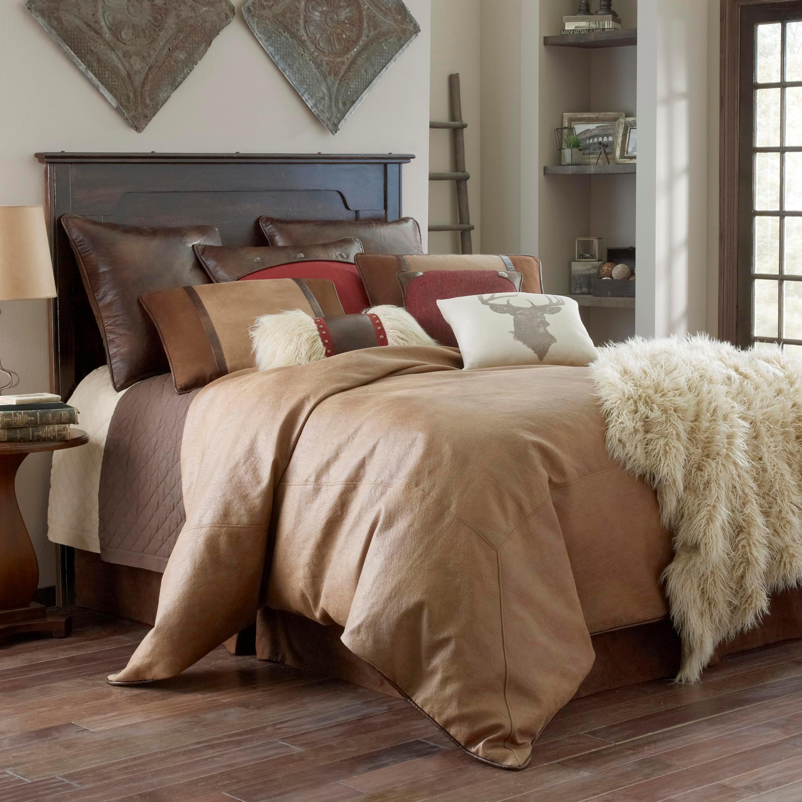 Paseo Road Brighton Western Bedding 4 Piece King Comforter Set, Brown Rustic Cabin Theme Faux Leather Bed Set, Warm Comforters Sets with Bed Skirt, Shams, Accent Pillow