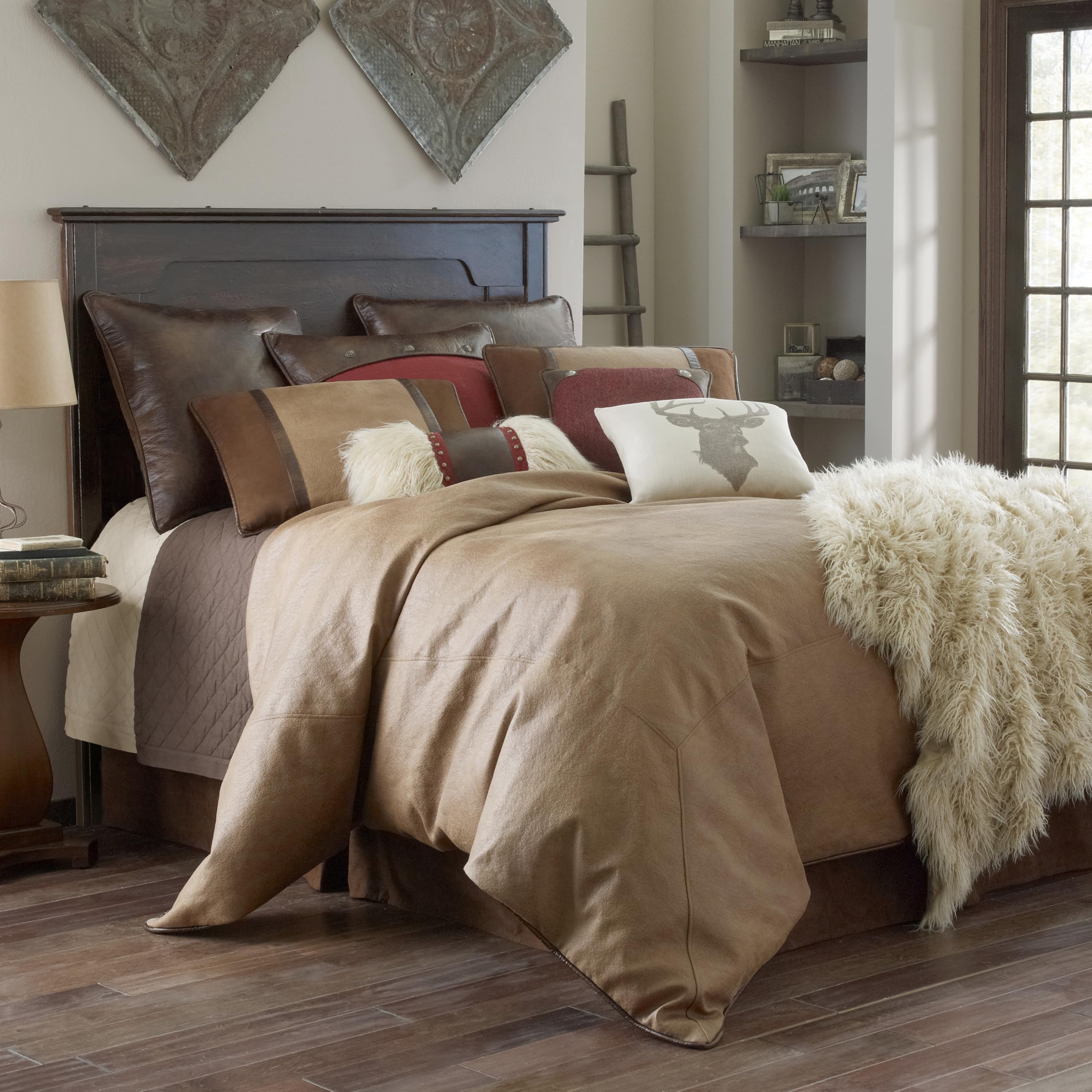 Paseo Road Brighton Western Bedding 4 Piece King Comforter Set, Brown Rustic Cabin Theme Faux Leather Bed Set, Warm Comforters Sets with Bed Skirt, Shams, Accent Pillow