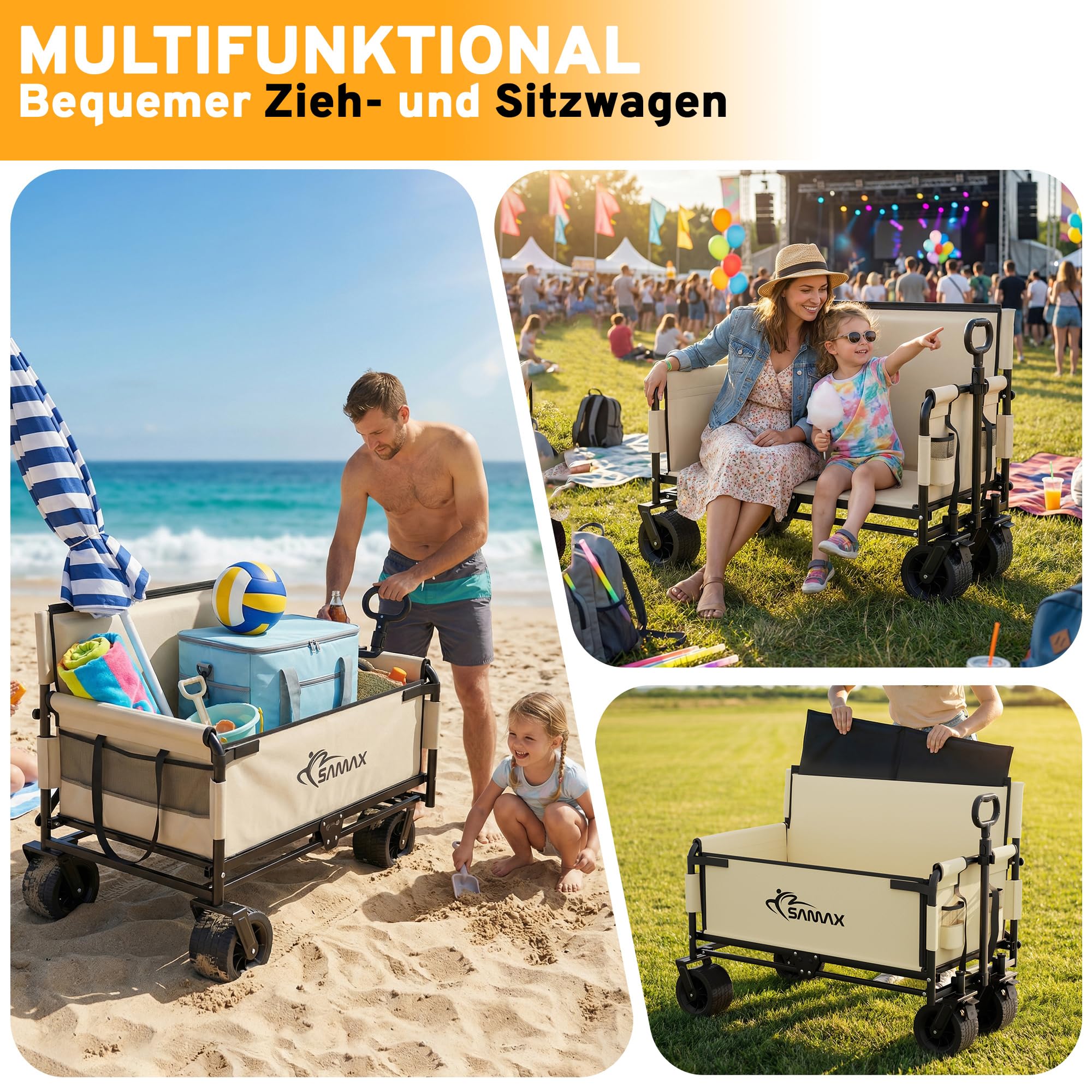 SAMAX Wózek ręczny do 200kg - 2w1 z ławką - Wózek ogrodowy Wózek plażowy Składany składany wózek transportowy Wózek transportowy - Festival Edition Beżowy