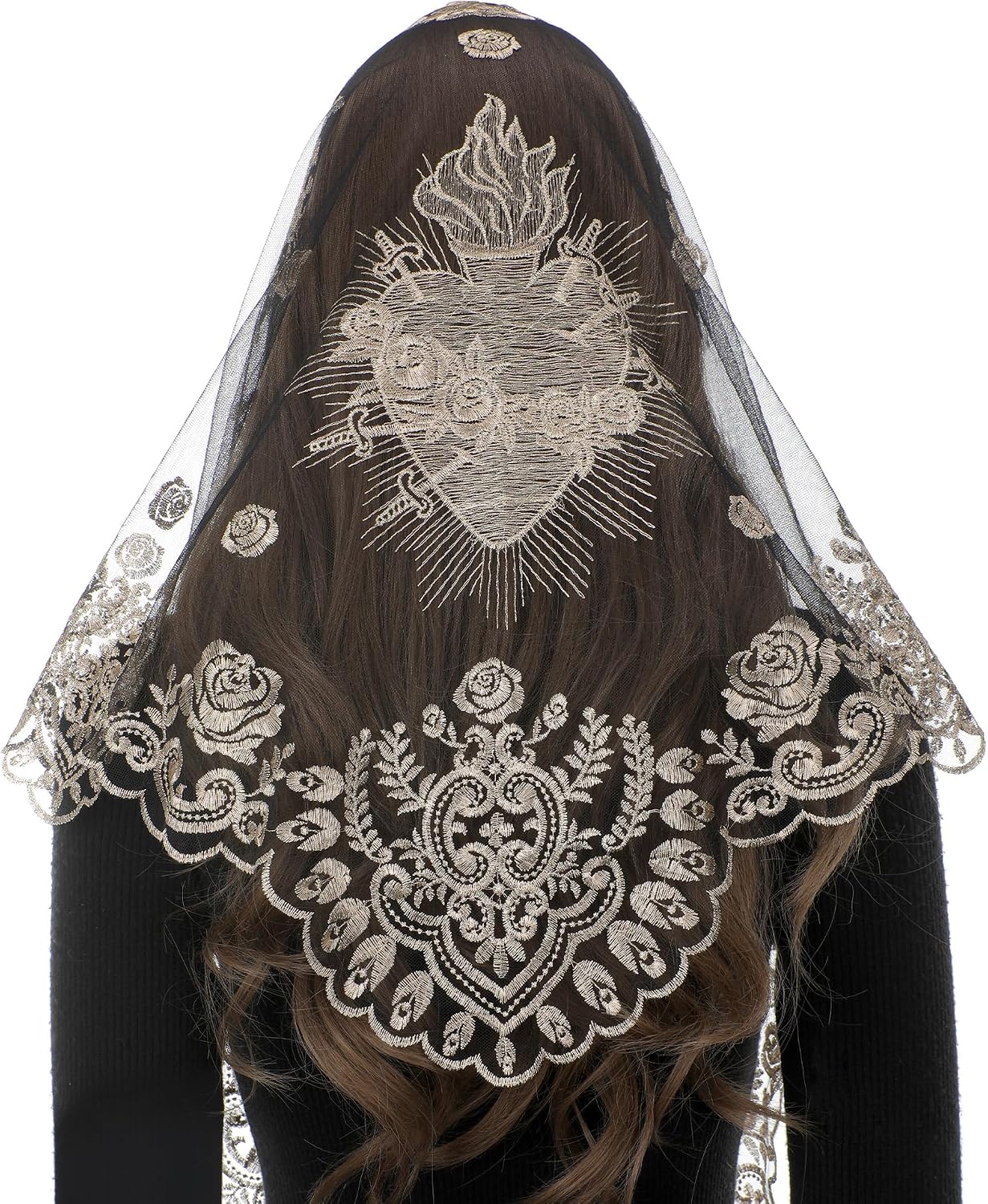 Bozidol Mantilla Veils for Church Catholic, Triangle Sacred Heart of Mary Embroidered Lace Chapel Veil Mass Head Coverings