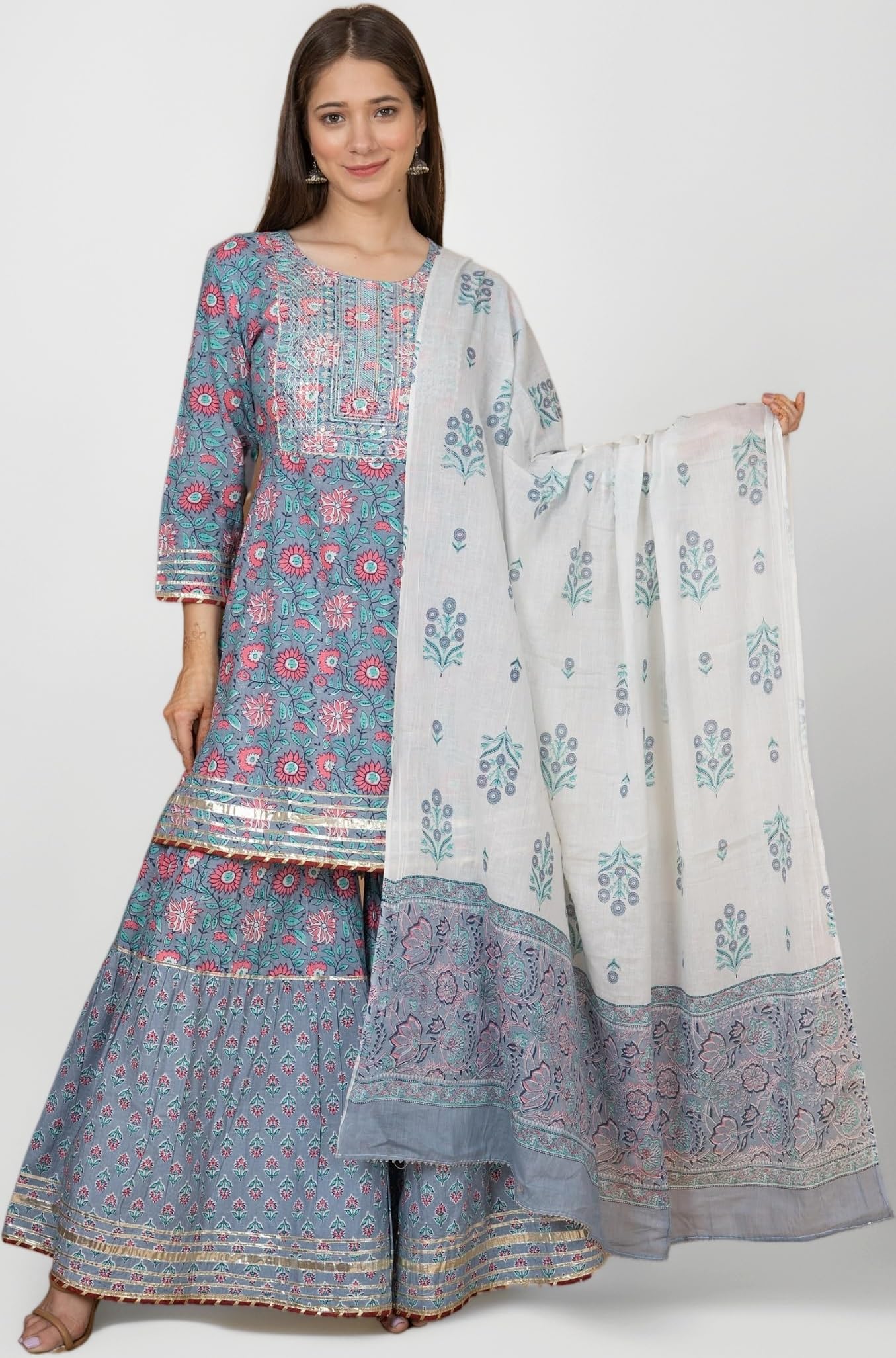 Women Cotton Festive Embrodriery Printed Kurta With Sharara & Dupatta