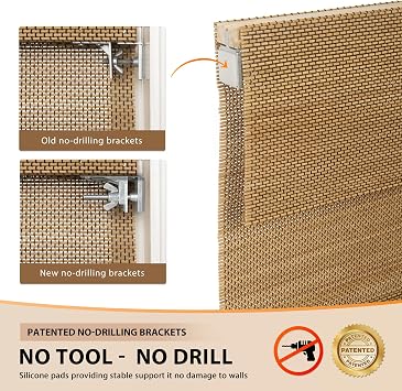 LazBlinds No Tools No Drill Cordless Bamboo Roman Shades, Light Filtering Window Treatment, Roll Up Bamboo Blinds for Window 20'' W x 64'' H, Acorn