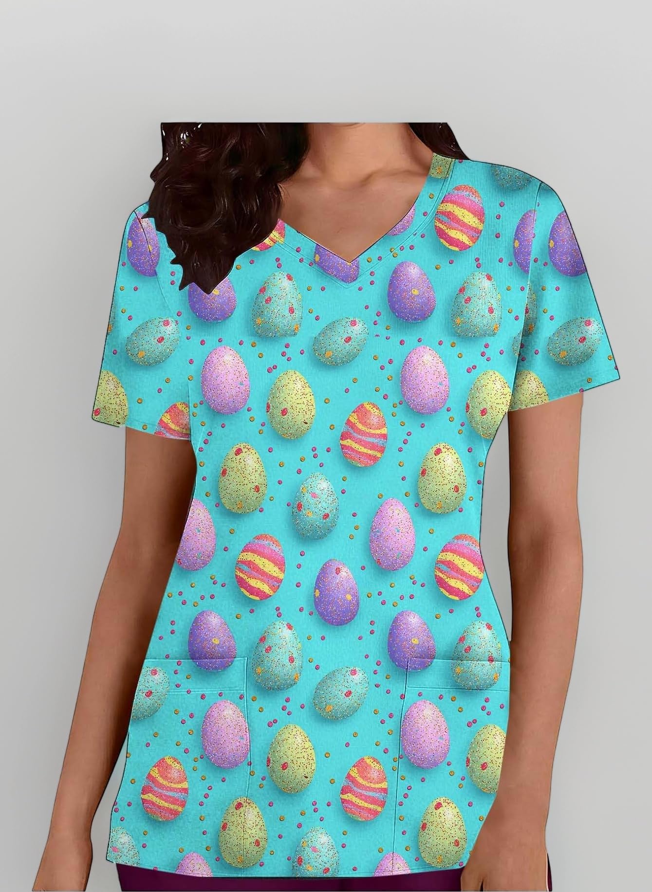 Easter Scrub Tops Women Medical Uniforms & Scrubs Stretchy V Neck Short Sleeve Cute Bunny and Eggs Printed Nurse Working Uniforms Tunic Tops