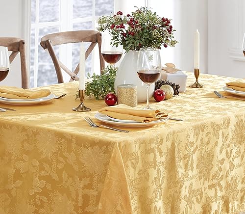 Miniatura 6 de Newbridge Mantel de damasco navideño "Christmas Carol", tejido de hoja de acebo y flor de pascua, resistente a la suciedad, sin arrugas, fácil