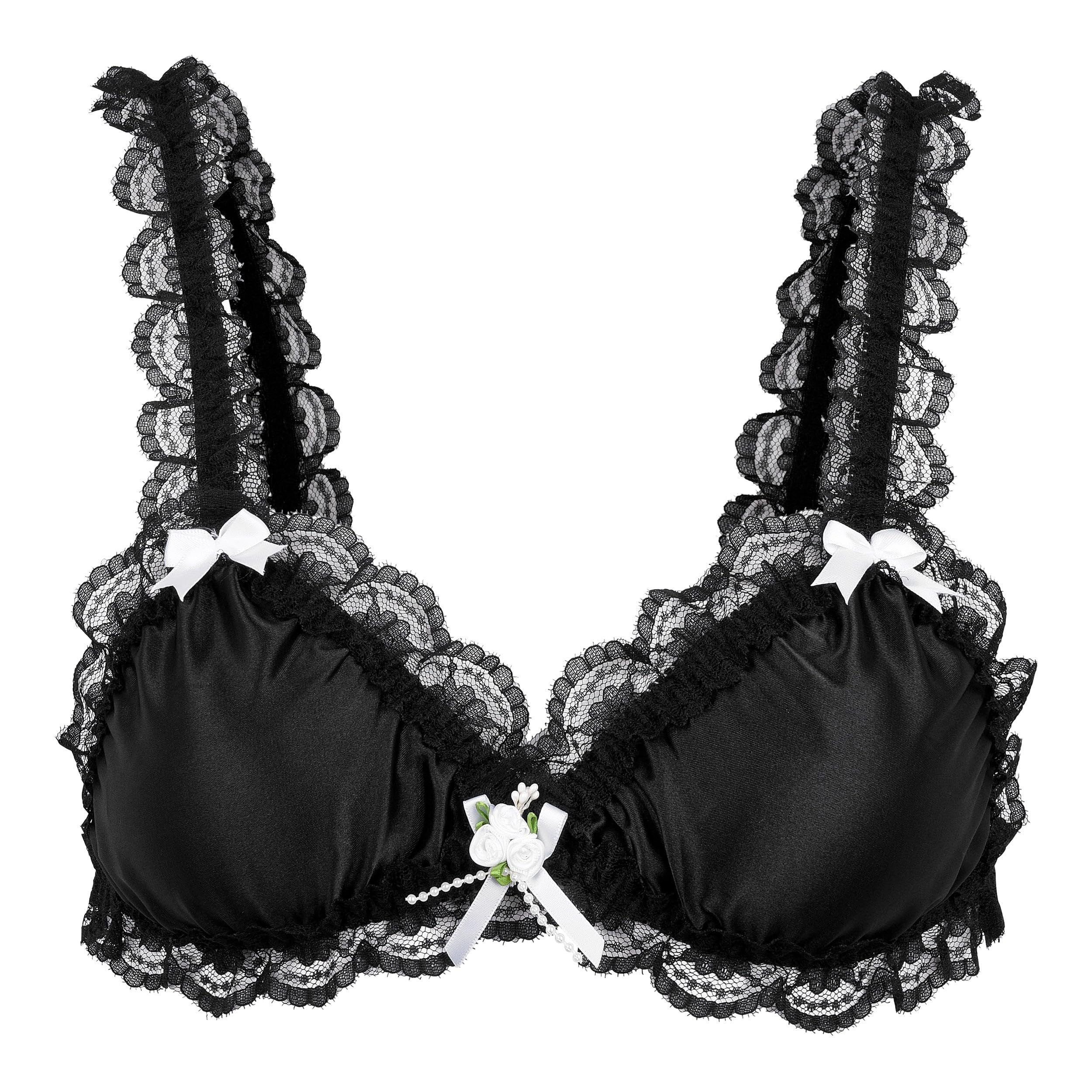 Satini Satin Frilly Elasticated Bralette, Black, XL
