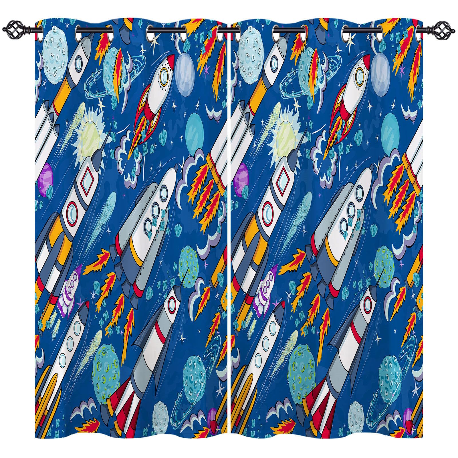 ANHOPE Rocket Curtains Eyelet Blackout Thermal Insulated Curtains Cartoon Space Planet Stars Print Pattern Soft Soundproof Privacy Window Drapes for Kids Bedroom Living Room 42 x 63 Inch 2 Panels