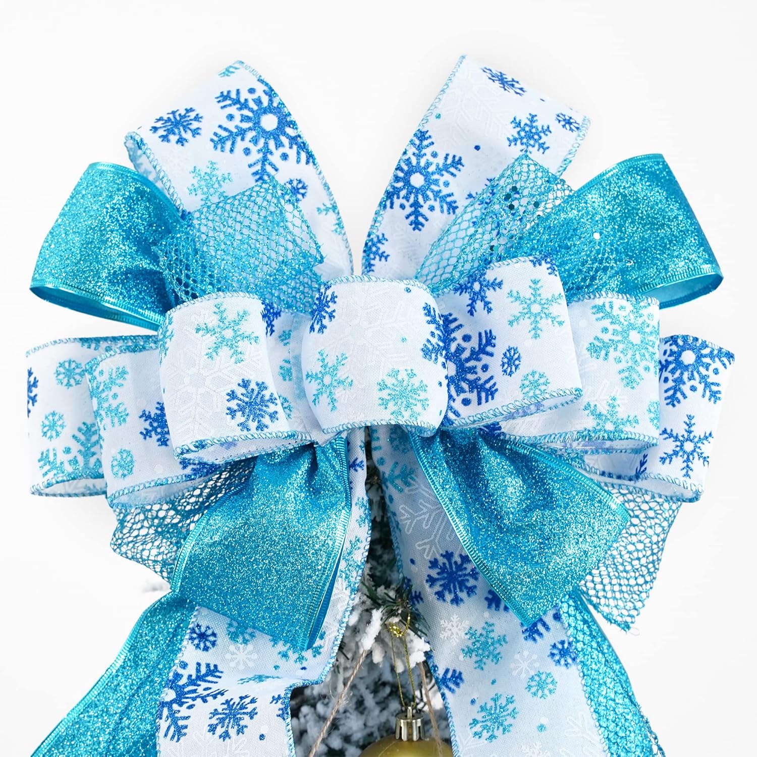 MEEDEE Blue Christmas Tree Topper 12" Wide Glitter Christmas Bows Snowflake Ribbon Bow Blue Tree Topper Bows for Christmas Tree Decorations (1 Pack) - Image 5