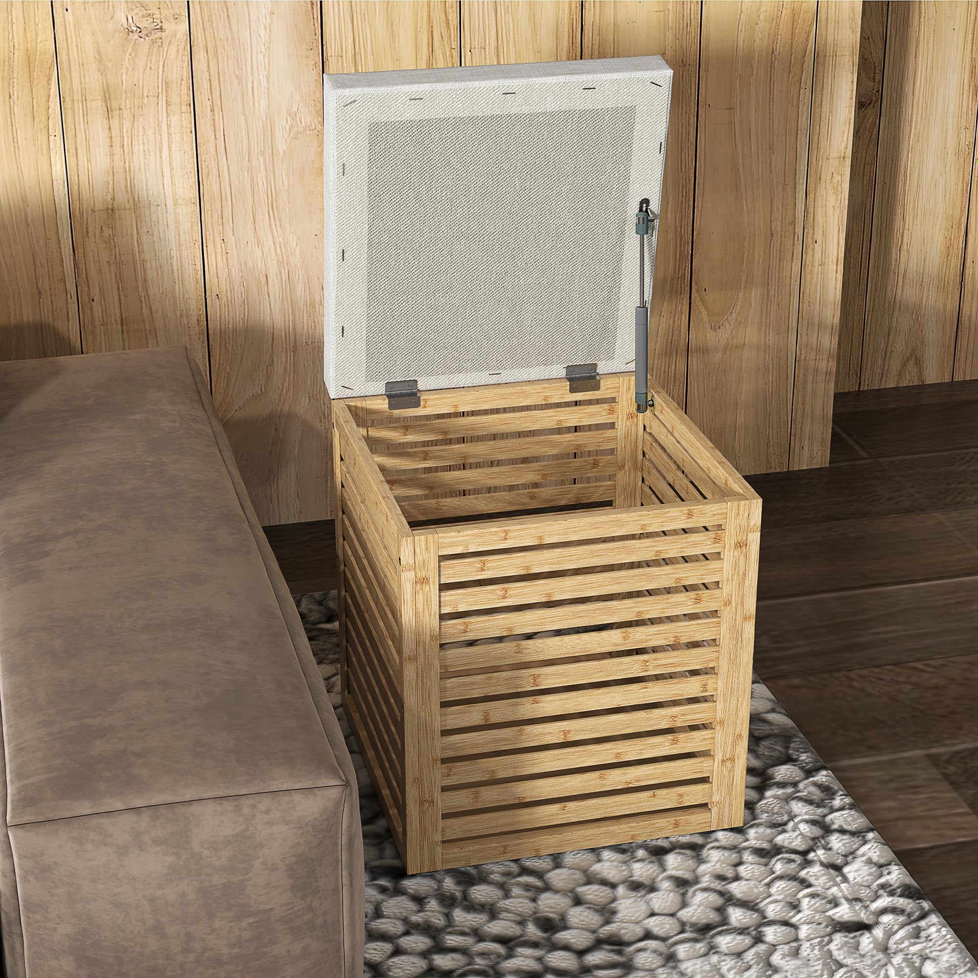 HOMCOM Baúl de Almacenaje para Dormitorio 54,7L Taburete de Almacenaje Tapizado en Lino Sintético con Cojín Marco de Bambú para Entrada Salón 40x40x47 cm Gris y Natural