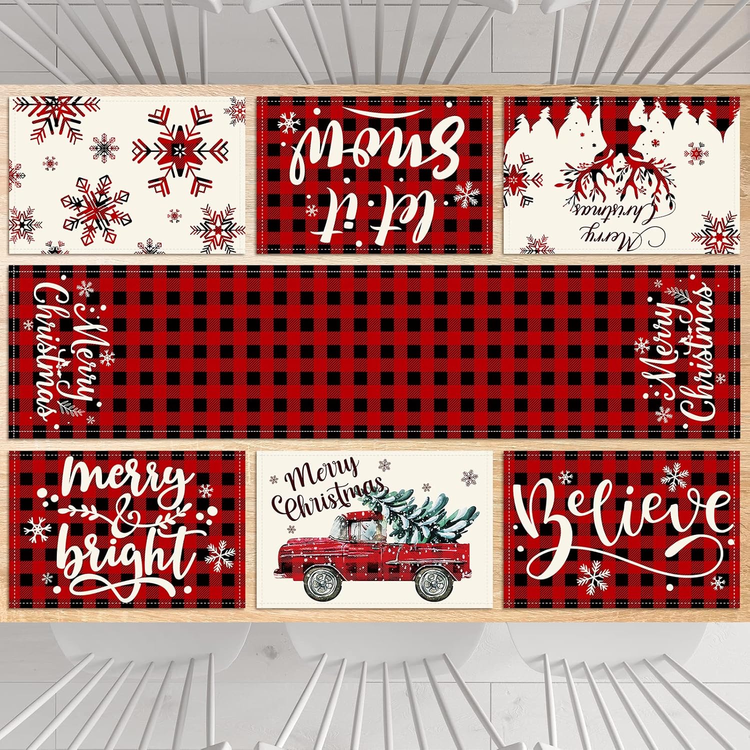 7Pack Christmas Buffalo Plaid Table Runners Placemats, Red